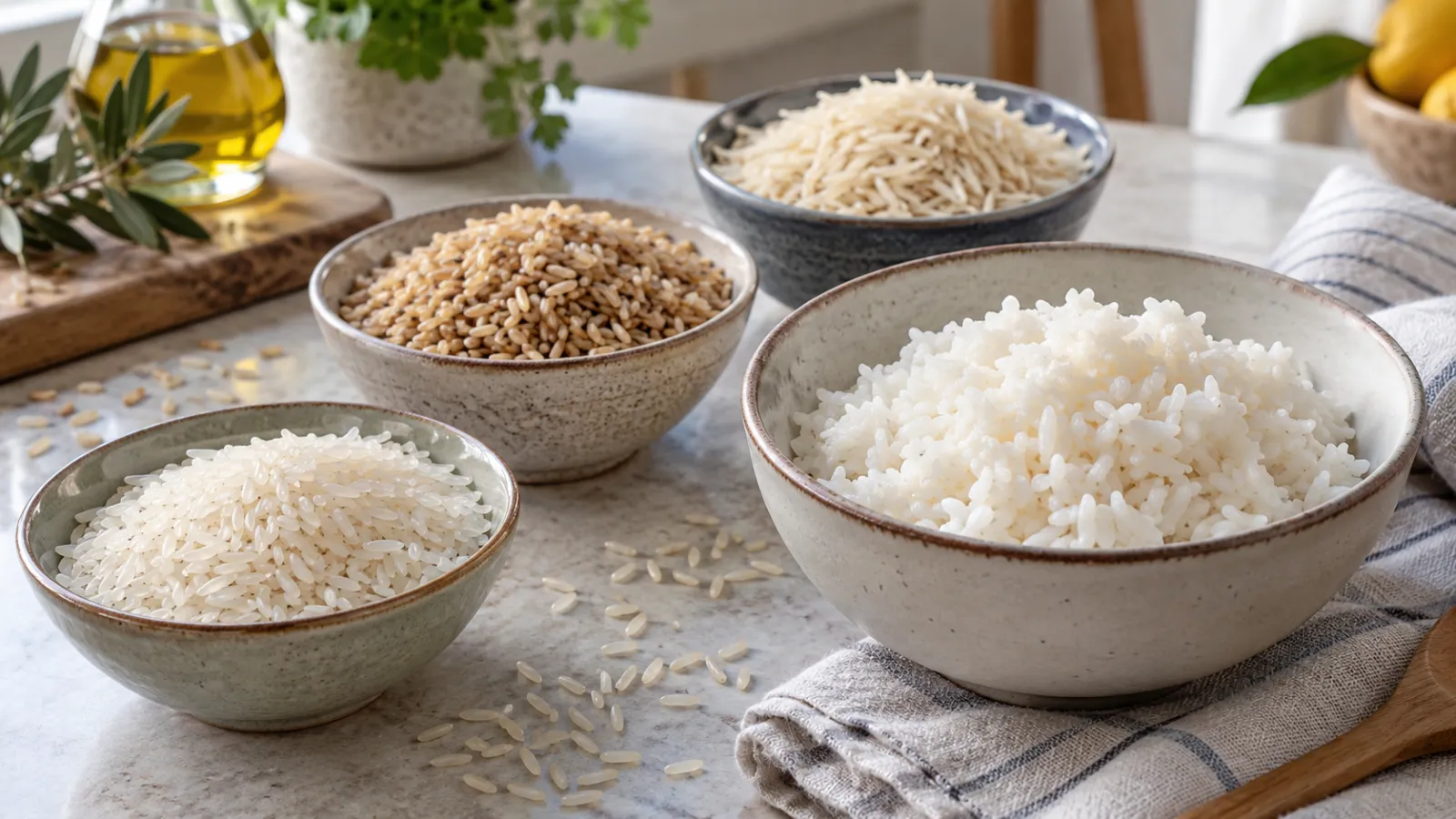 Cuencos con arroz blanco, integral y basmati, crudo y cocido.