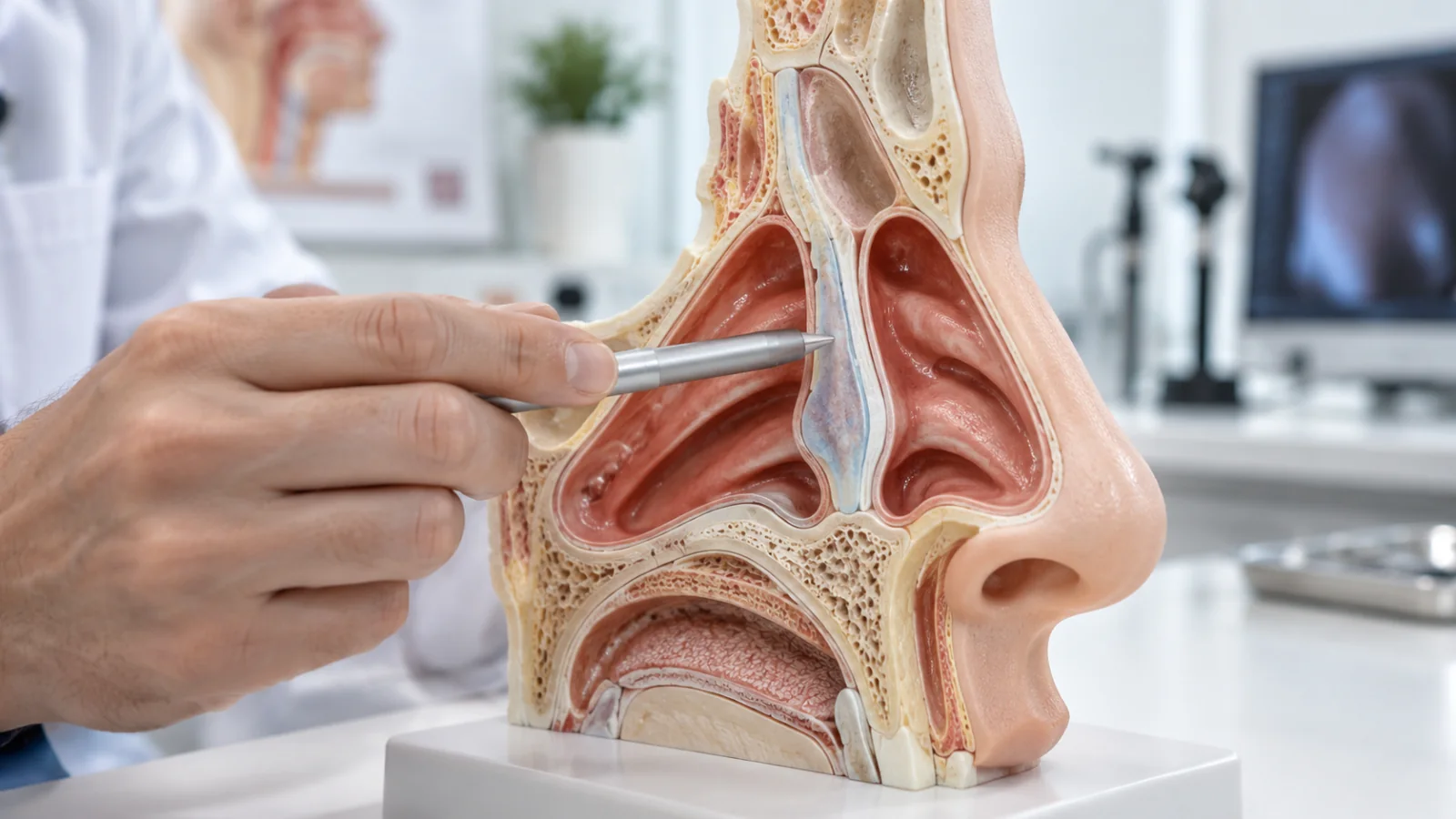 Model anatomiczny nosa z widoczną przegrodą nosową