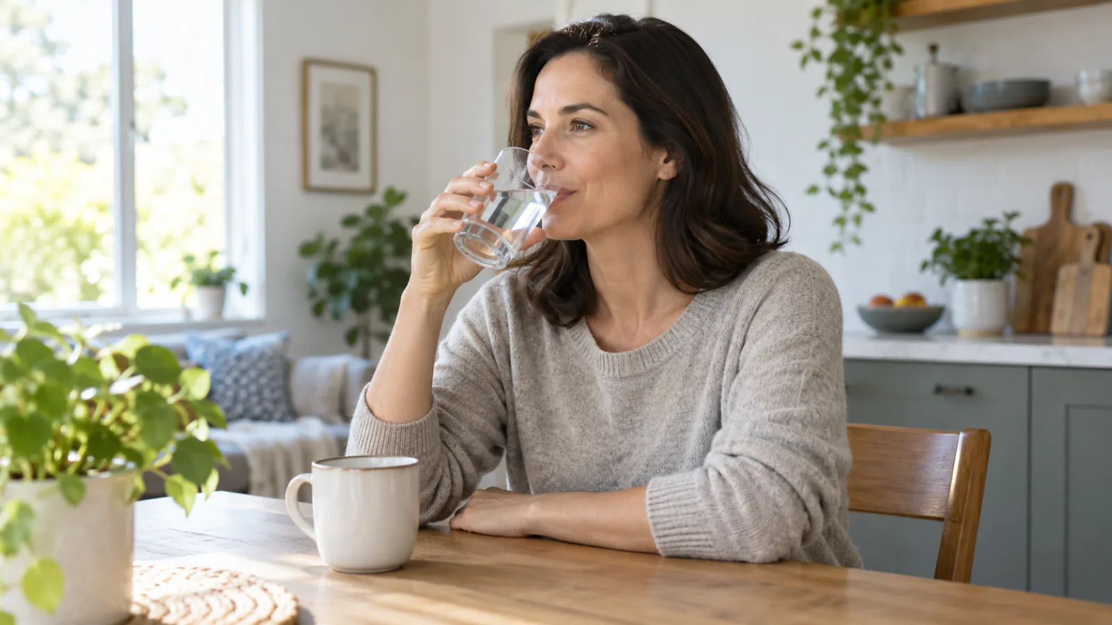Una donna seduta al tavolo di cucina beve un bicchiere d’acqua