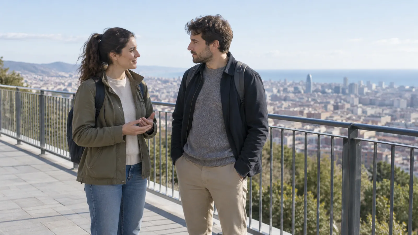 Una donna e un uomo parlano tranquilli su una terrazza panoramica