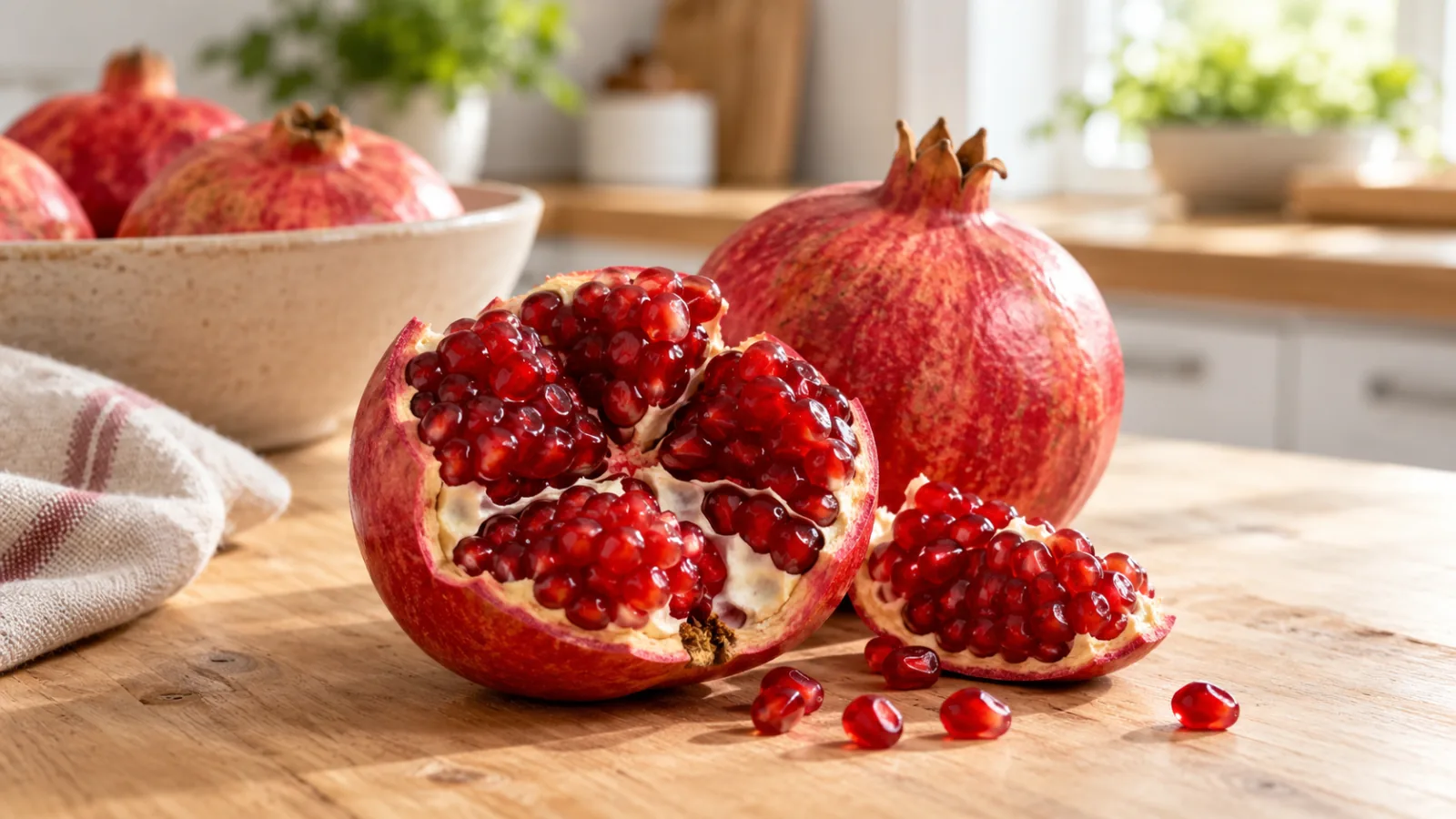 Aufgebrochener Granatapfel mit roten Kernen auf einem Holztisch, daneben ganze Früchte in einer Schale