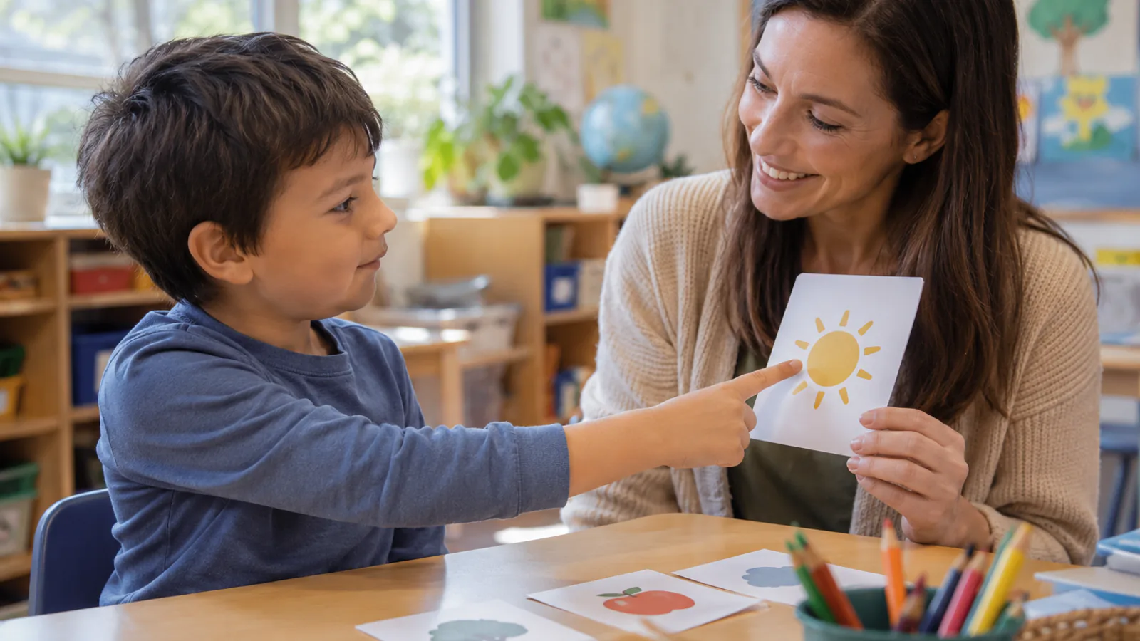 Un bambino indica una carta illustrata mentre un’insegnante lo accompagna in classe