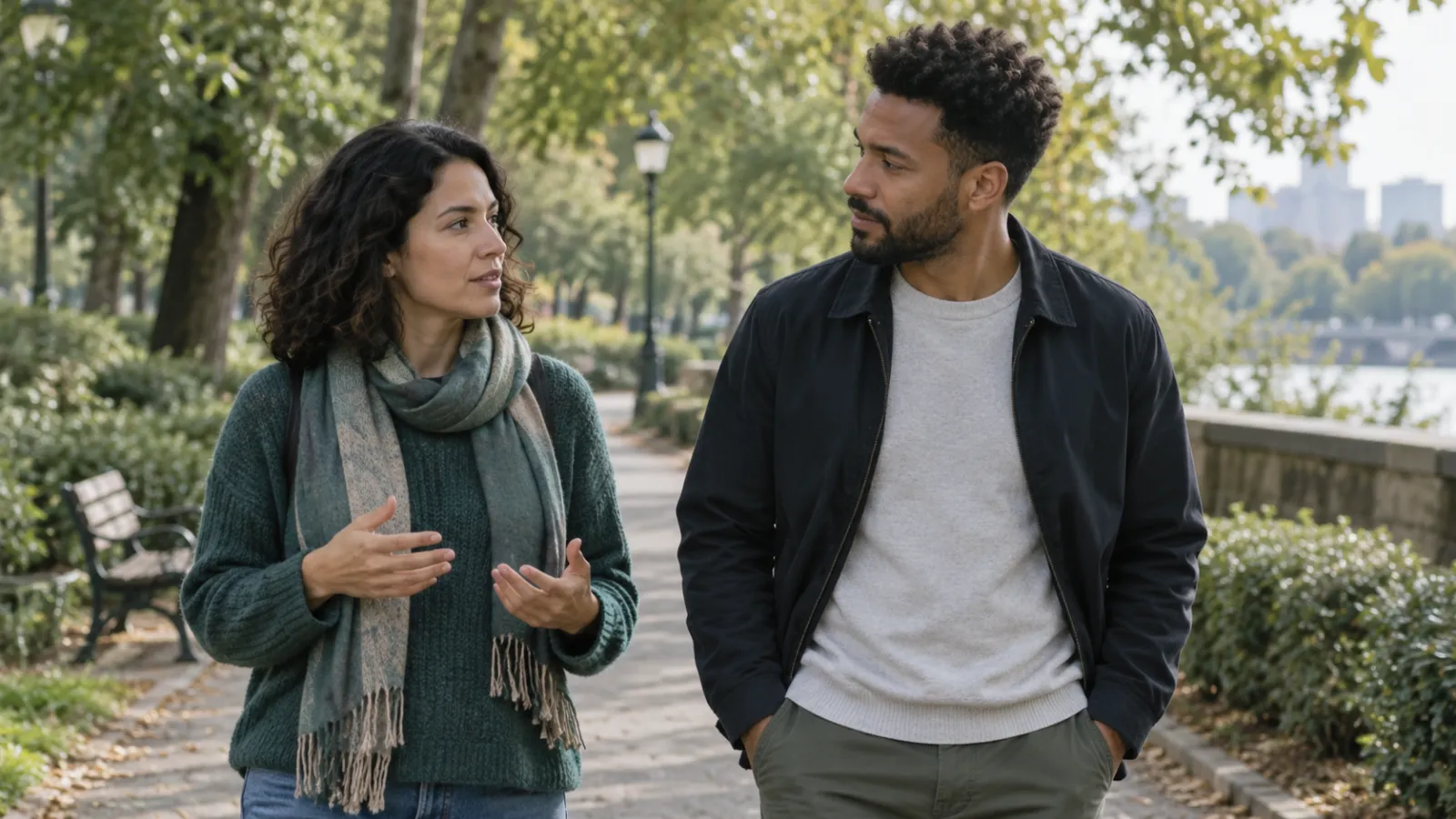 Una donna e un uomo discutono camminando in un parco