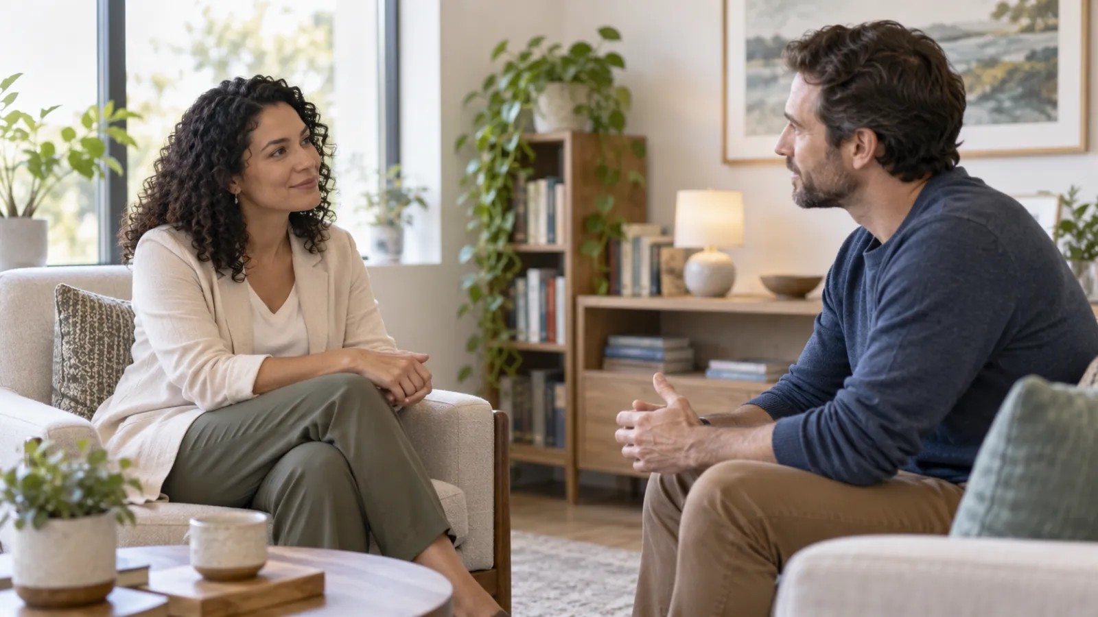 Duas pessoas conversam sentadas numa sala de estar