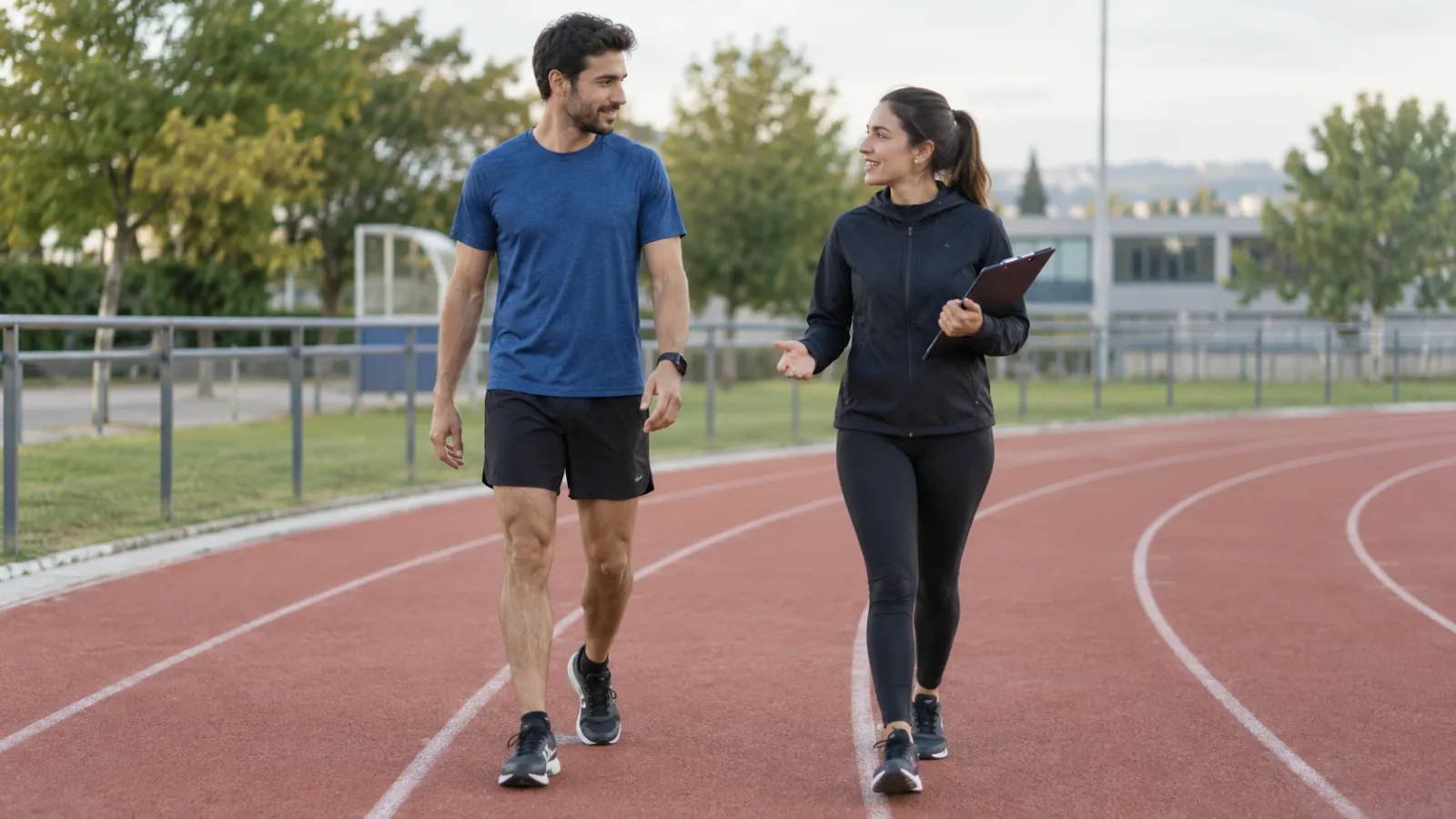 Twee mensen wandelen samen over een atletiekbaan