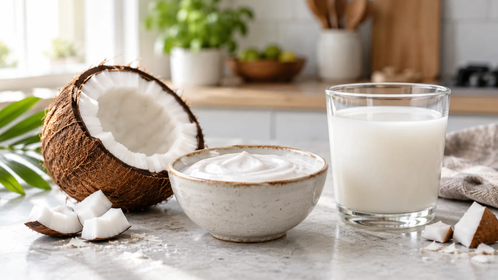 Coco abierto junto a un cuenco de leche de coco espesa y un vaso de bebida de coco.