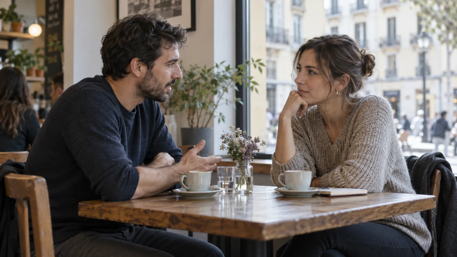Una coppia seduta al tavolo di un bar: l’uomo parla e la donna lo ascolta con il mento sulla mano