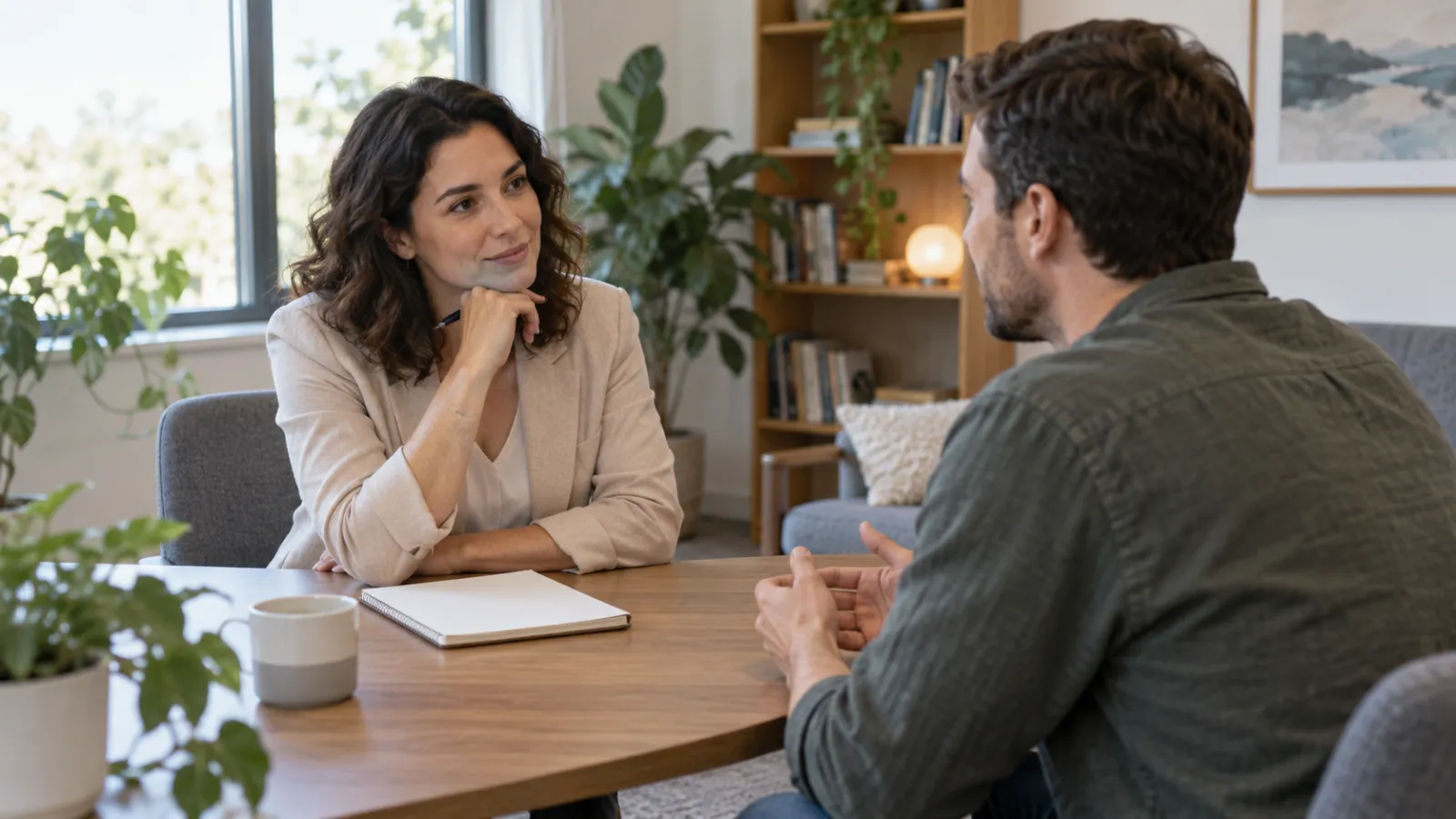 Mulher com um caderno conversa com um homem à mesa