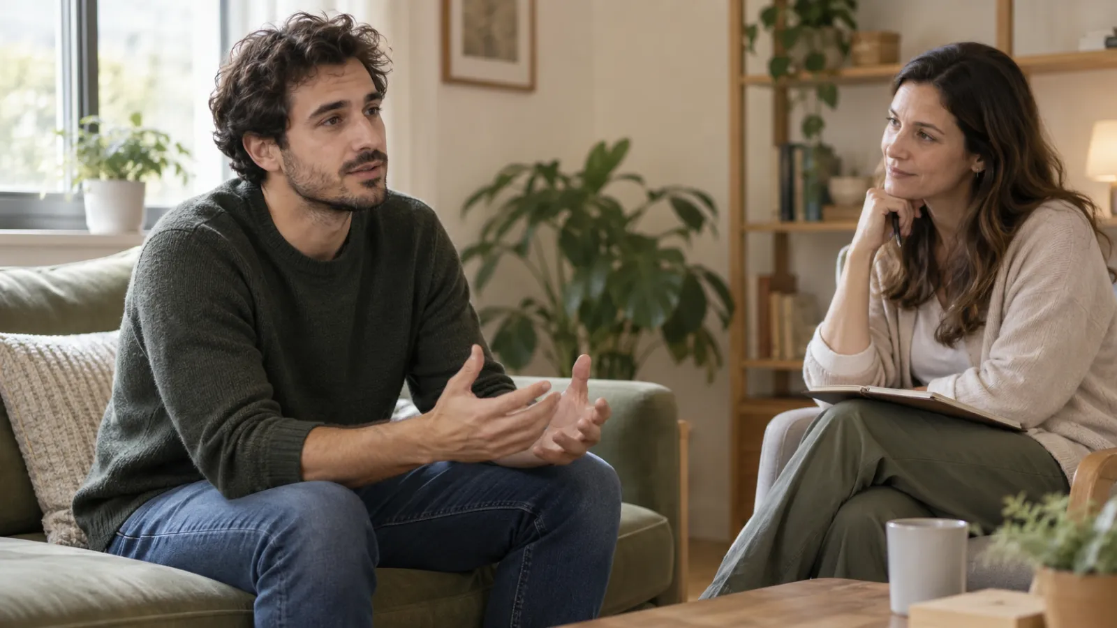 Um homem fala com uma psicóloga que o ouve com um caderno no colo