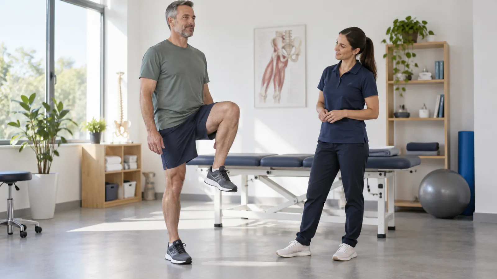 Mann hebt in einer Physiotherapiepraxis im Stehen ein gebeugtes Knie an, eine Physiotherapeutin steht daneben