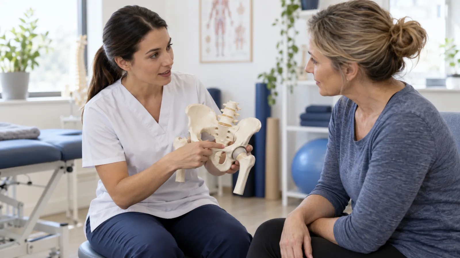 Una fisioterapeuta explica una maqueta de pelvis y cadera a una paciente durante una consulta.