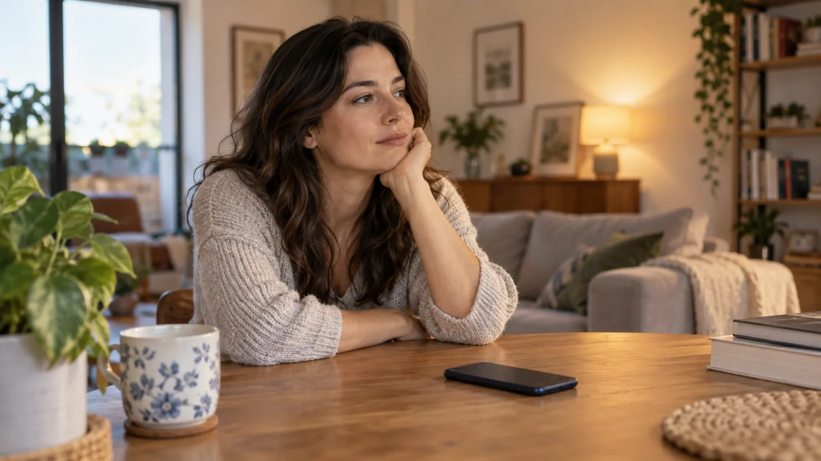 Persona adulta reflexiona en casa con un teléfono sobre la mesa.