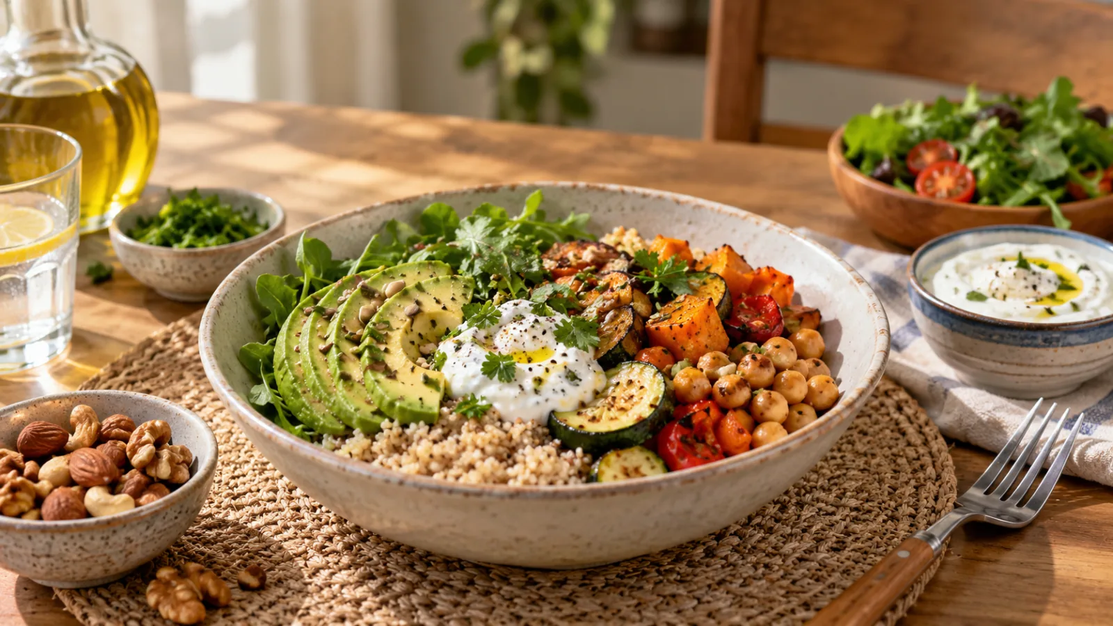 Kom met avocado, ei, peulvruchten en groente, met noten ernaast