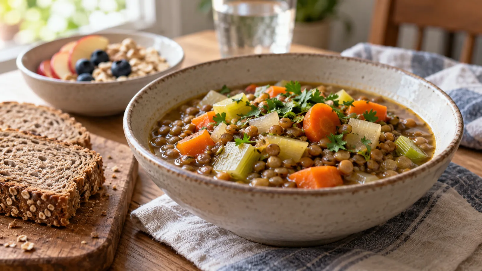 Estofado de lentejas con verduras y pan integral.