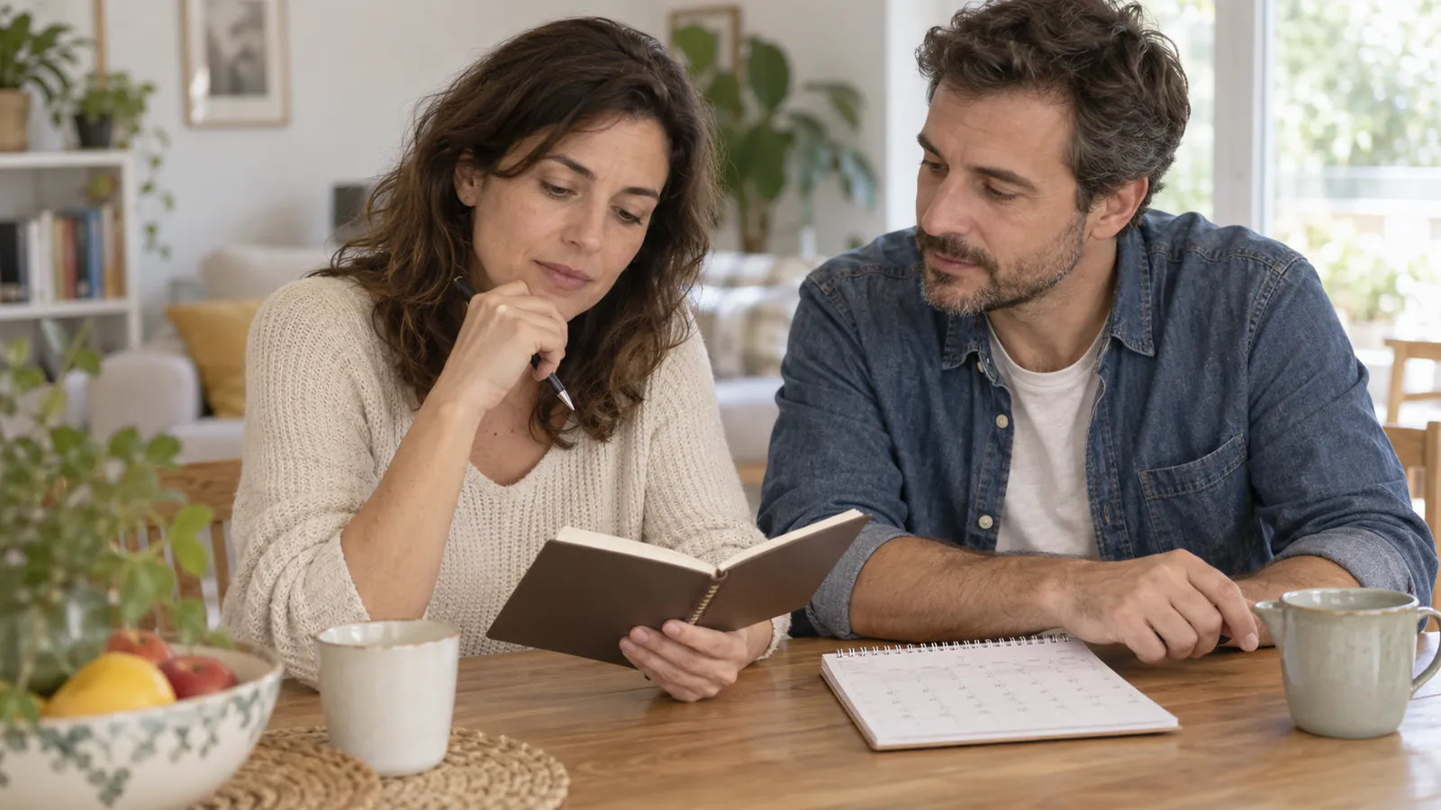 Mujer y acompañante revisan juntos una libreta y un calendario en casa.