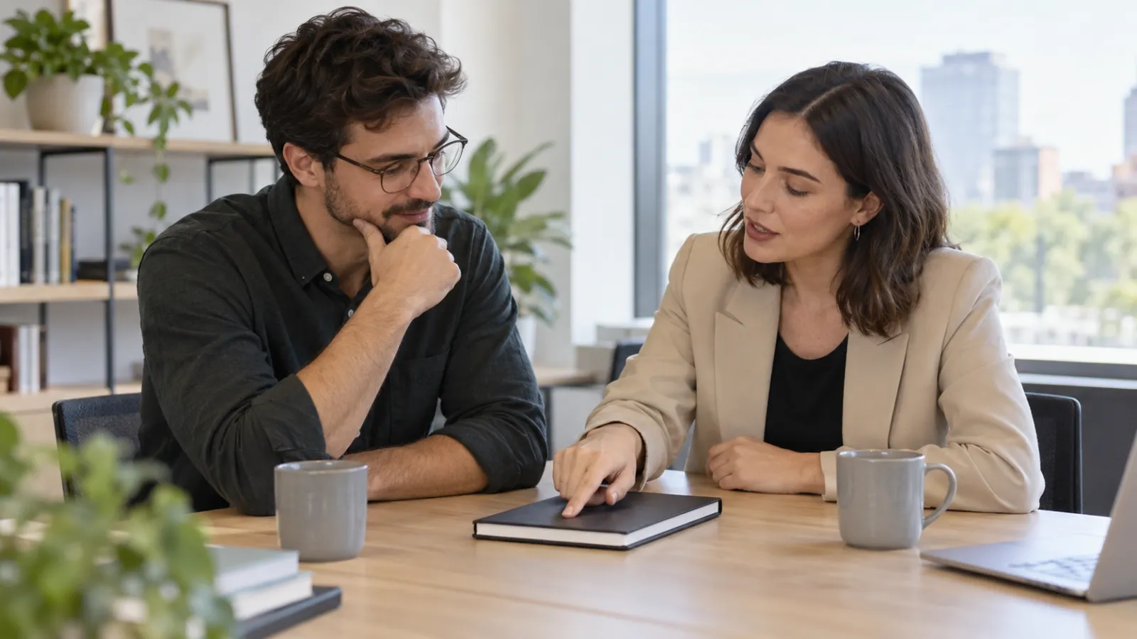 Compañeros revisan un proyecto y conversan sobre su trabajo.