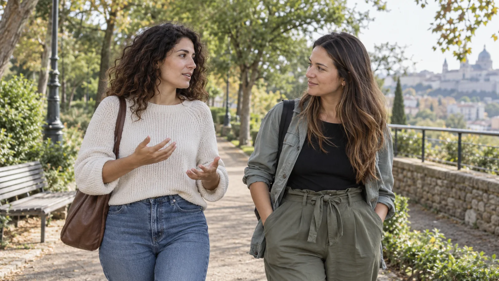 Dos mujeres adultas caminan juntas y conversan por un sendero urbano arbolado.