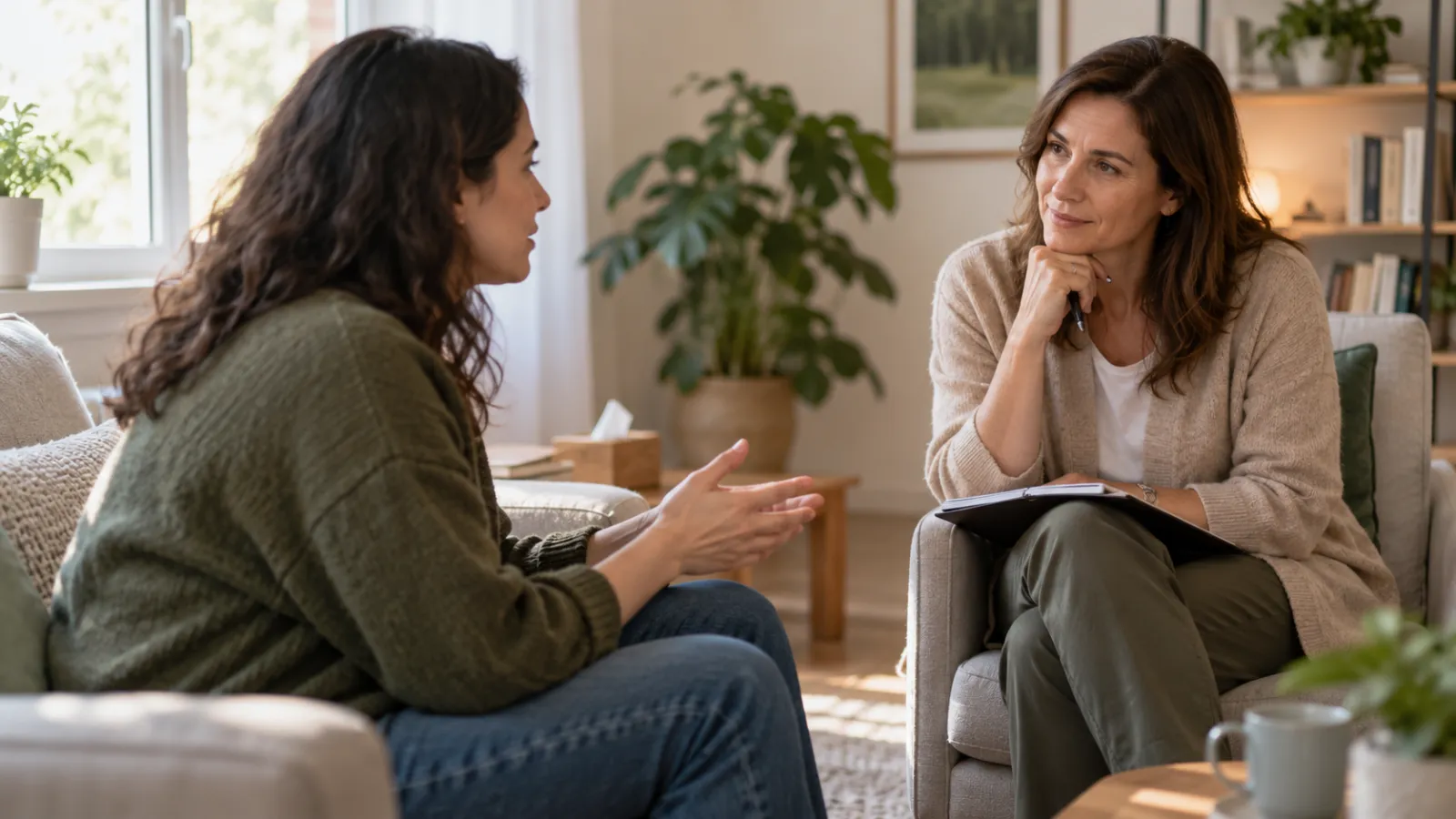 Una persona conversa con una profesional de salud mental en un entorno tranquilo.