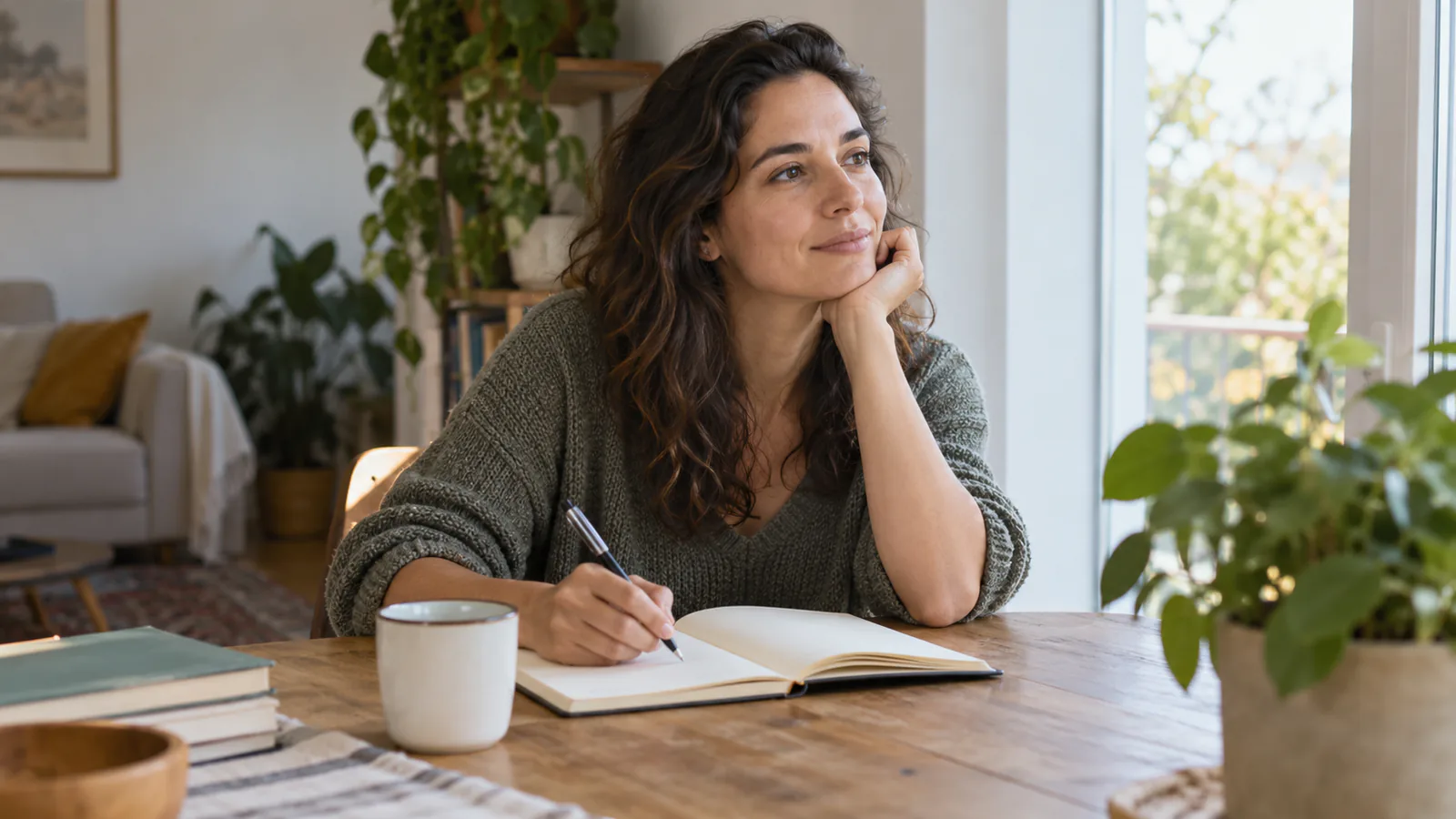 Una mujer escribe en un cuaderno mientras reflexiona junto a la ventana.