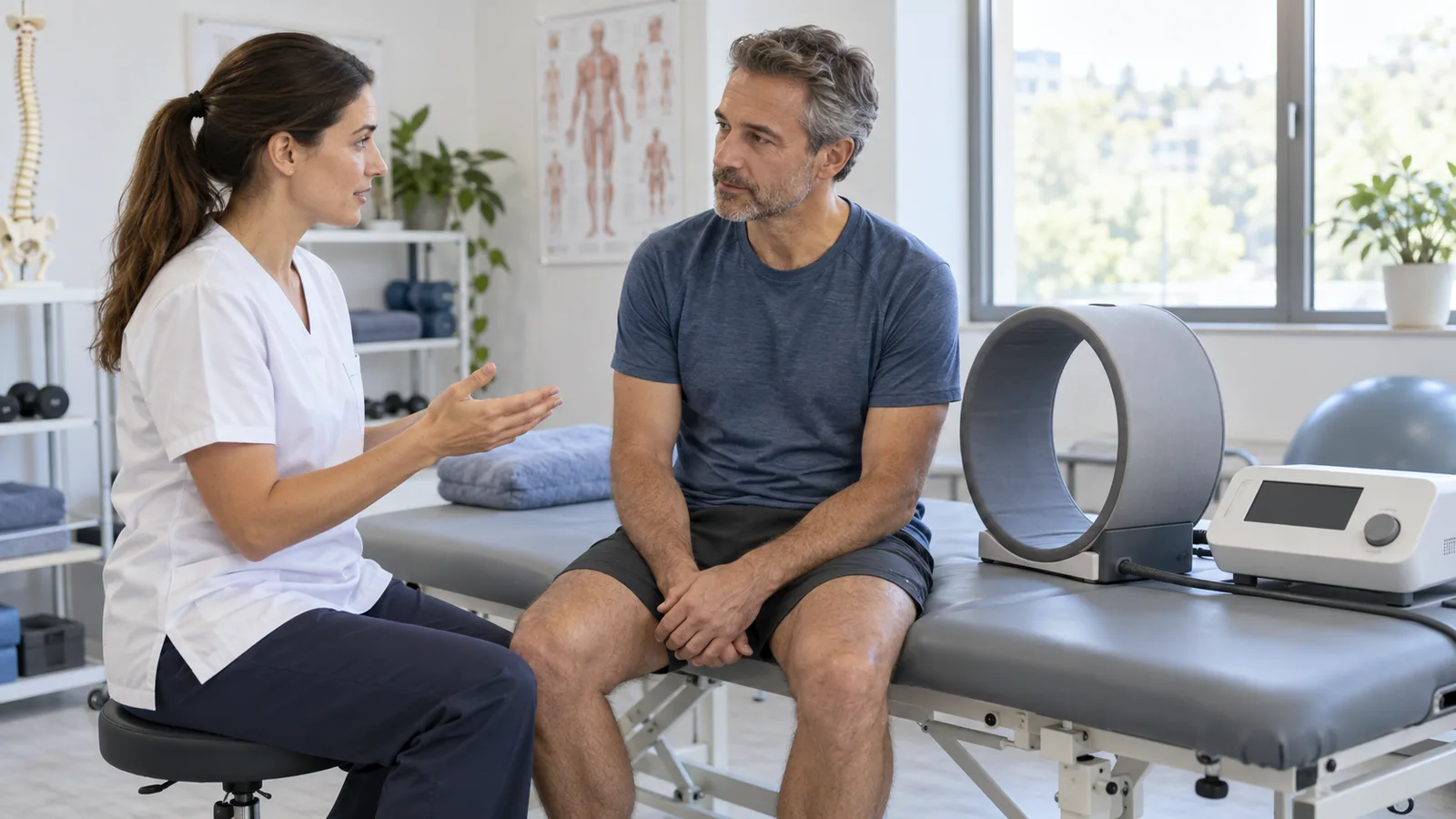 Una fisioterapeuta conversa con un paciente junto a un equipo genérico de magnetoterapia sin marca.