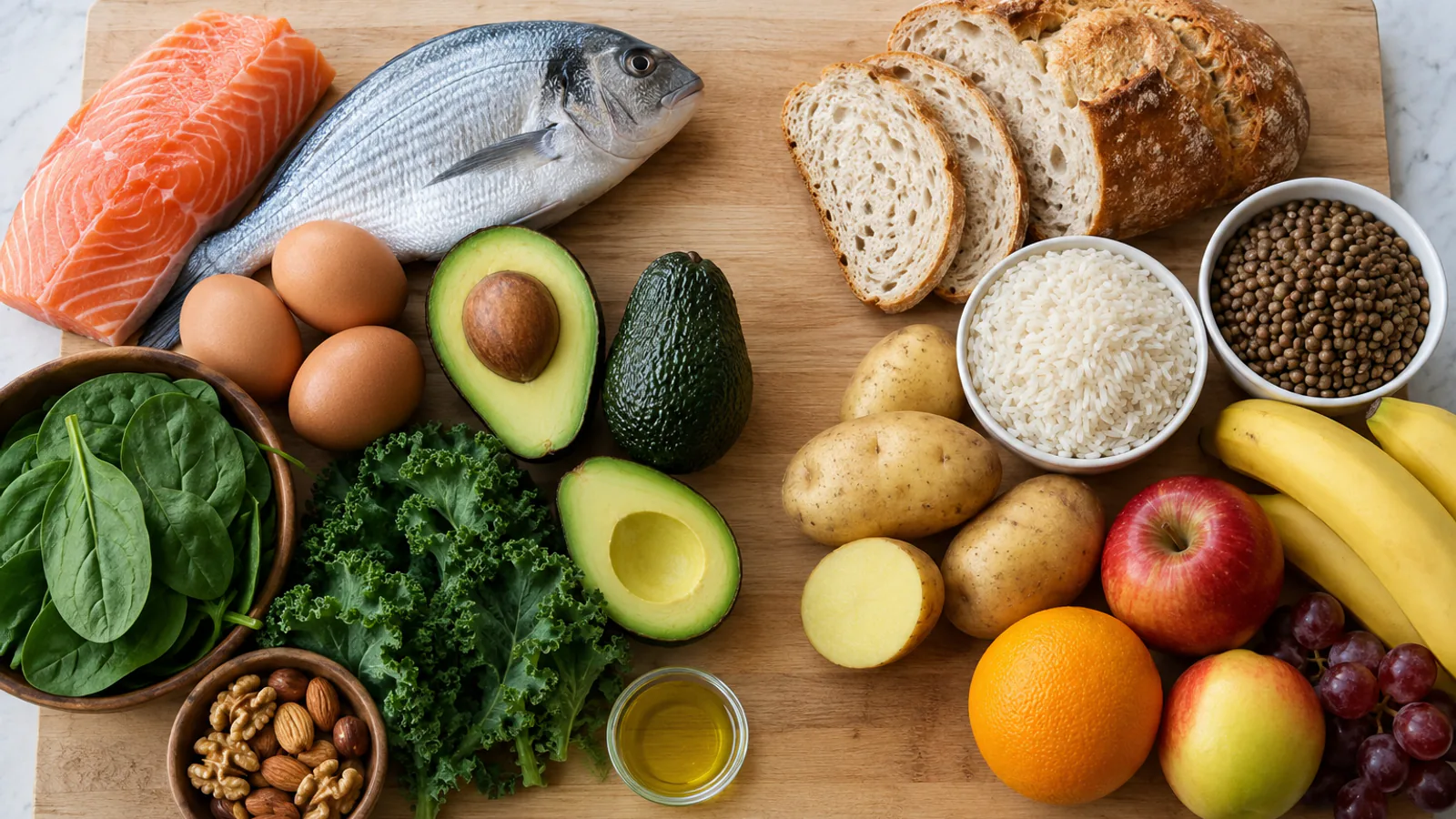 Laks, fisk, egg, avokado, grønnkål, brød, poteter, ris, linser og frukt på et kjøkkenbord