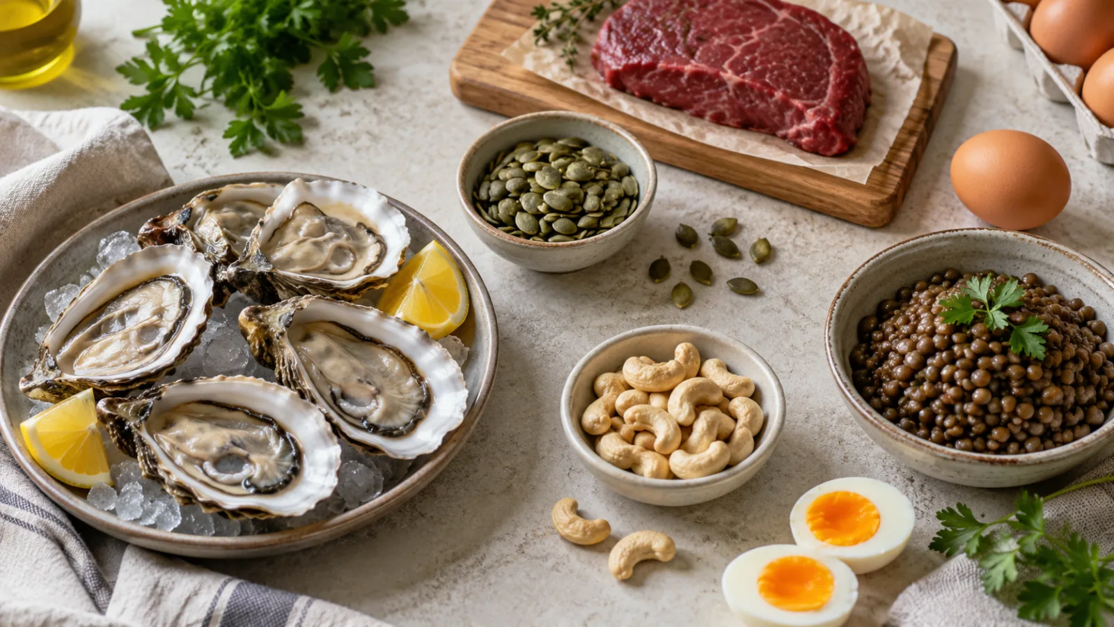 Ostriche, carne di manzo, semi di zucca, anacardi, lenticchie e uova su un tavolo
