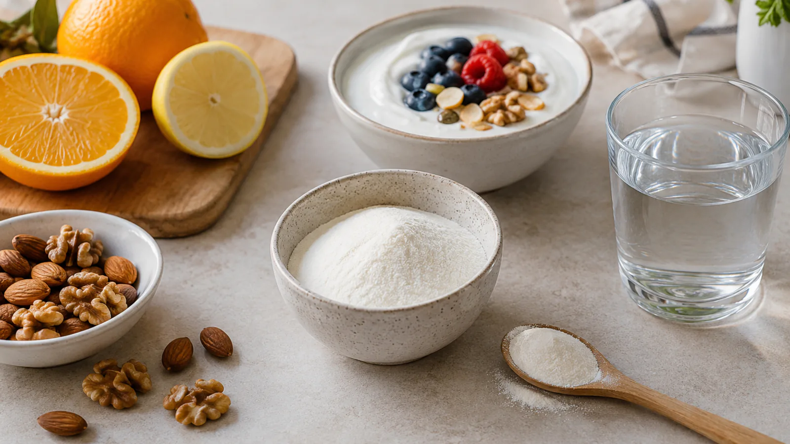 Cuenco con polvo blanco, yogur, frutos secos, cítricos y un vaso de agua sobre una encimera.