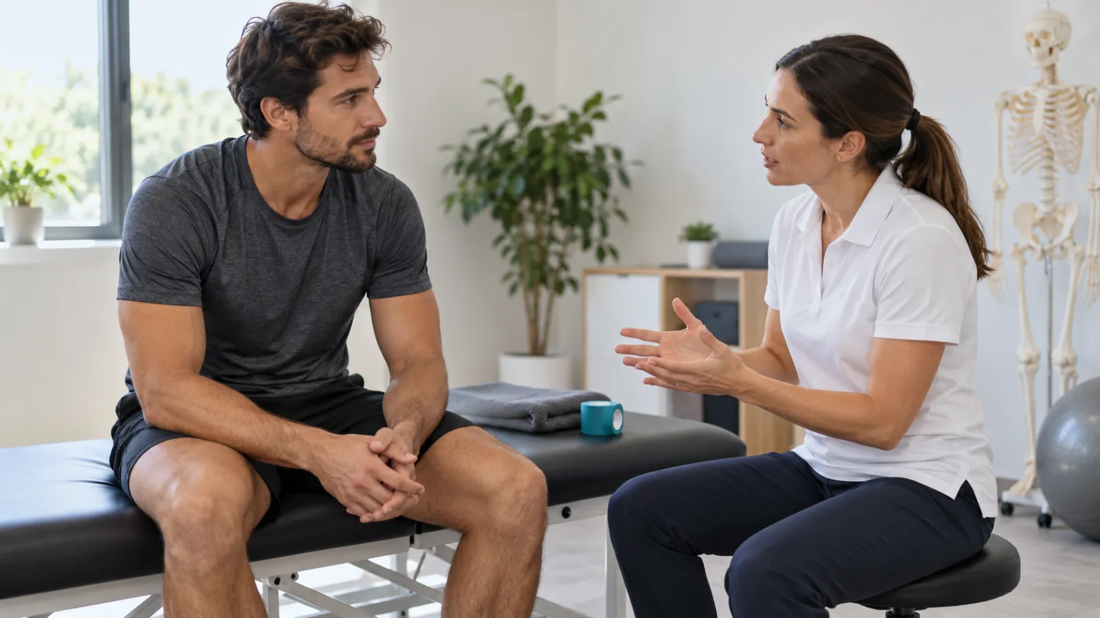 Fisioterapeuta conversa con un deportista junto a un rollo de cinta elástica.