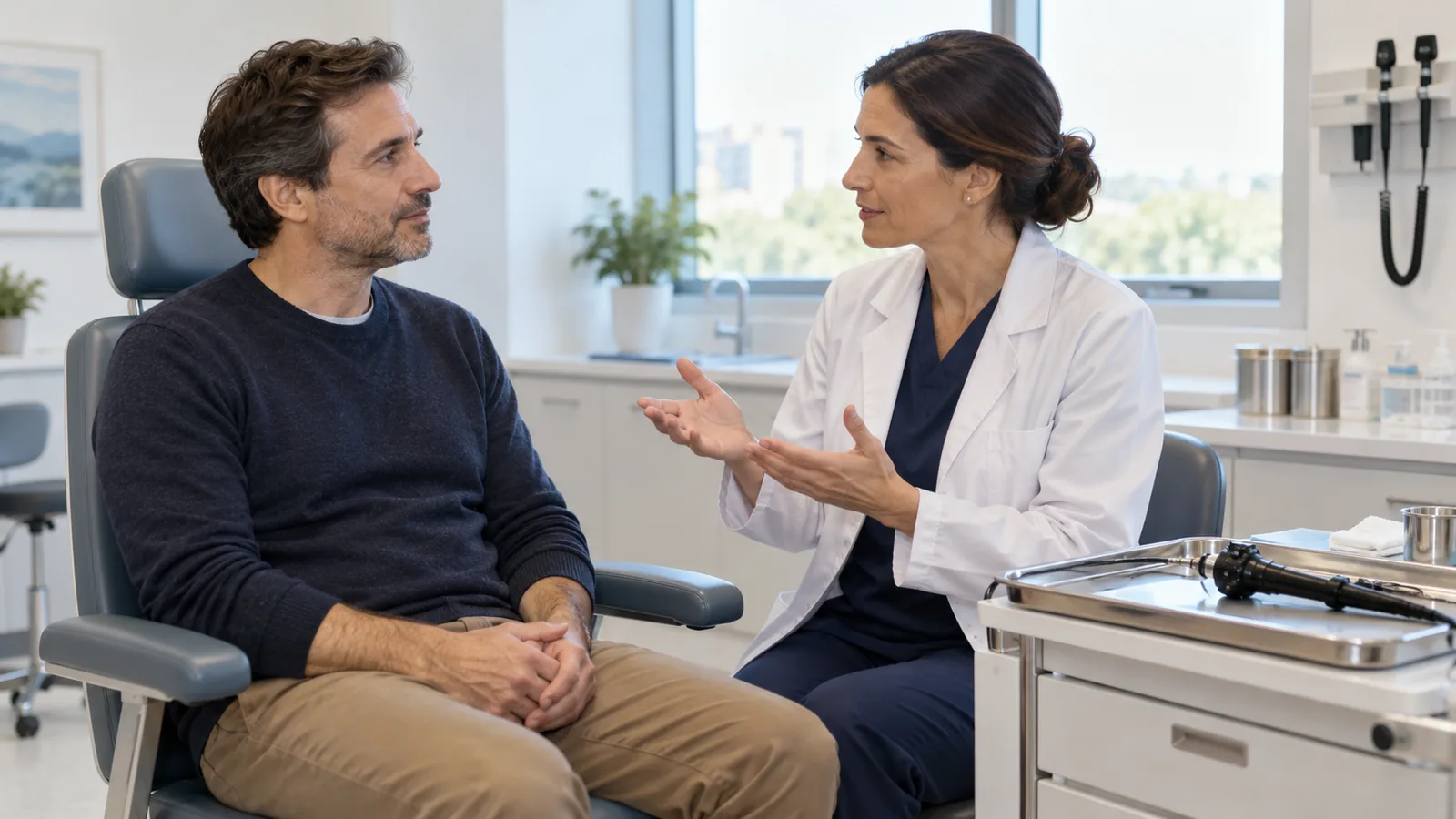 Otorrino explica una valoración mientras un endoscopio flexible reposa sin usarse en una bandeja