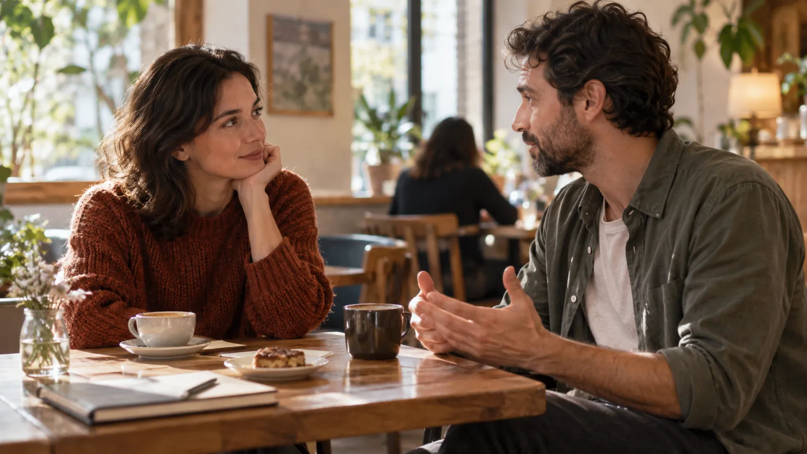 Dos amistades conversan con calma en una mesa tranquila de cafetería.