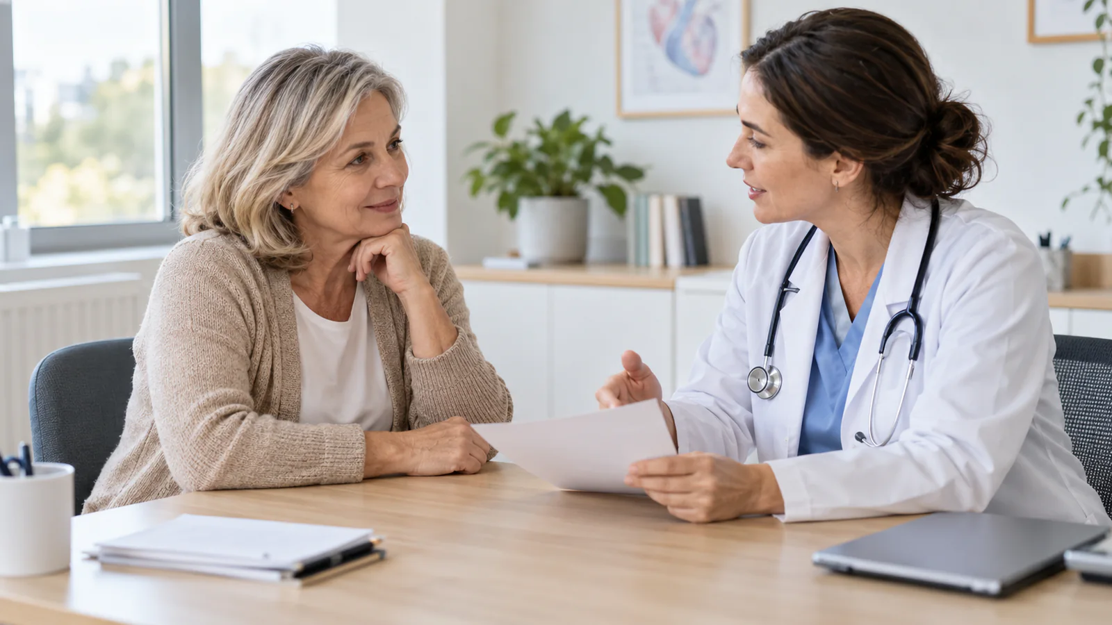 Mulher conversa com uma médica sentada à secretária do consultório