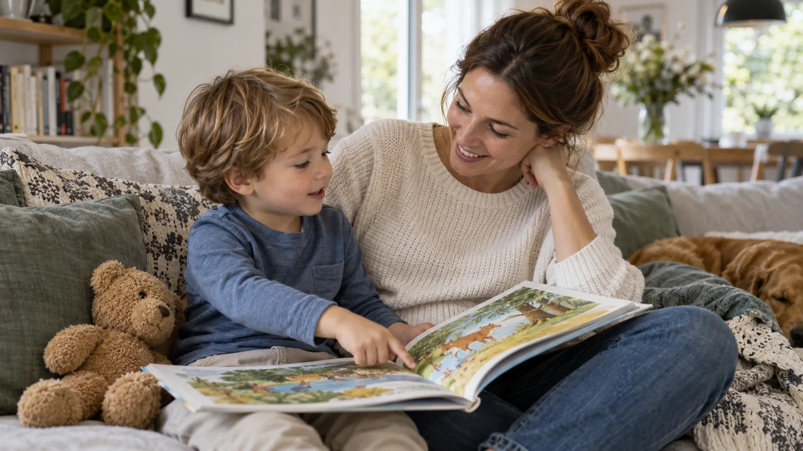 Una madre legge un libro illustrato con il suo bambino sul divano