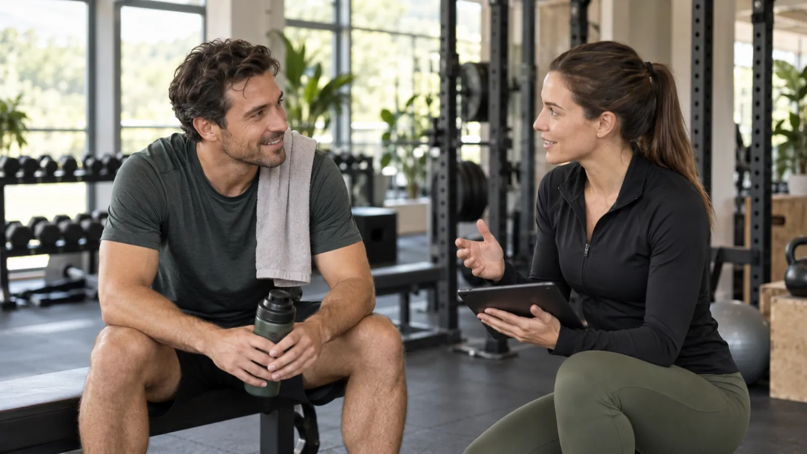 Una persona deportista conversa con una profesional tras entrenar en un gimnasio.
