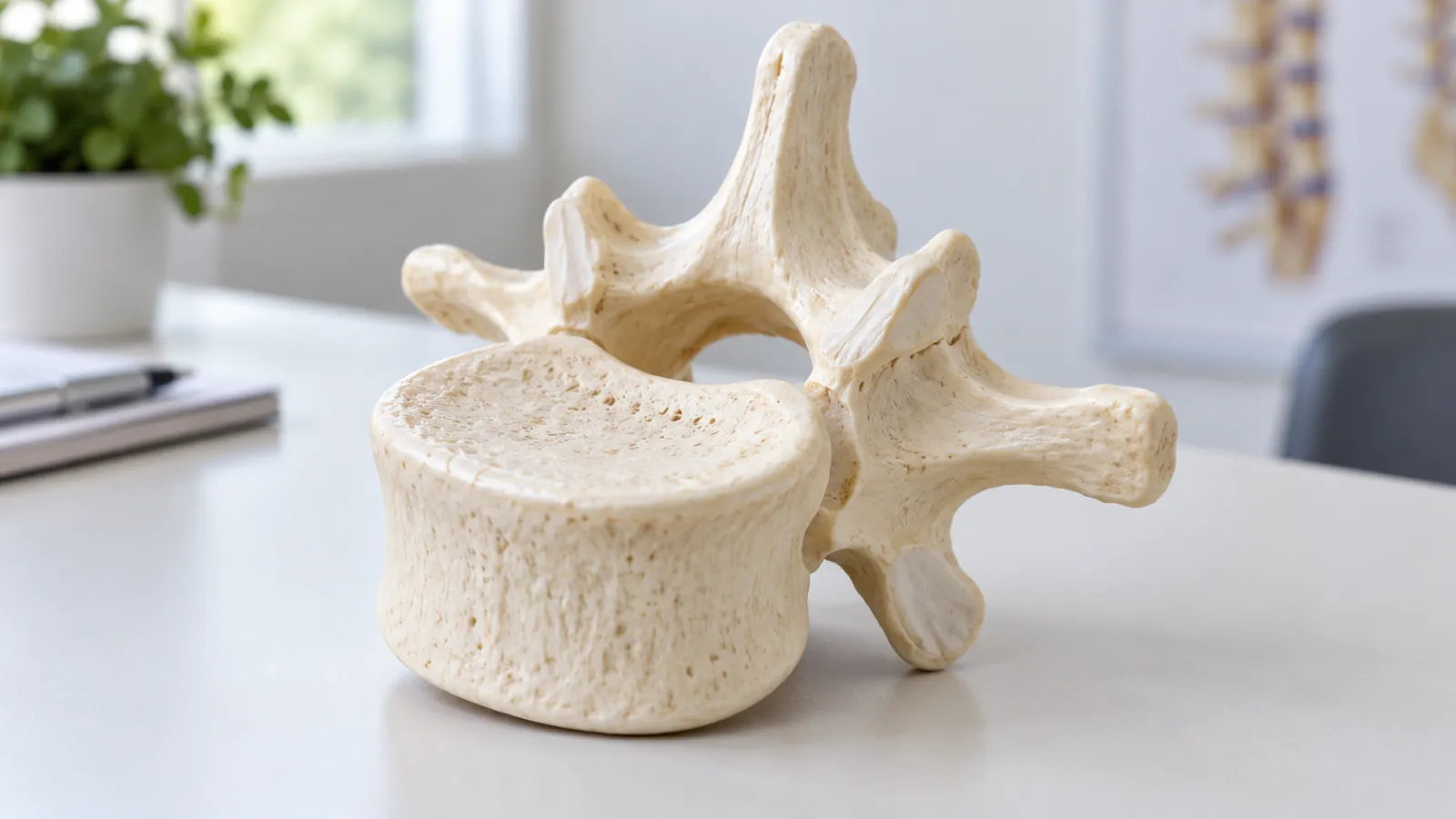 Maqueta anatómica de una vértebra lumbar vista en tres cuartos.