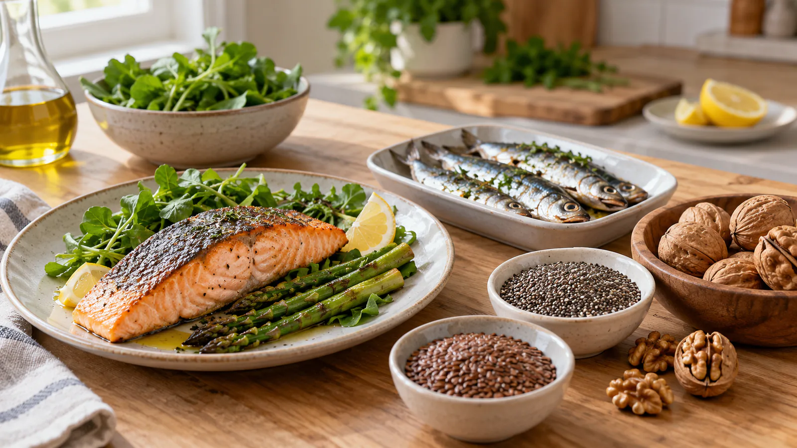 Un tavolo con salmone, sarde, noci, semi di lino e di chia e una bottiglia d’olio