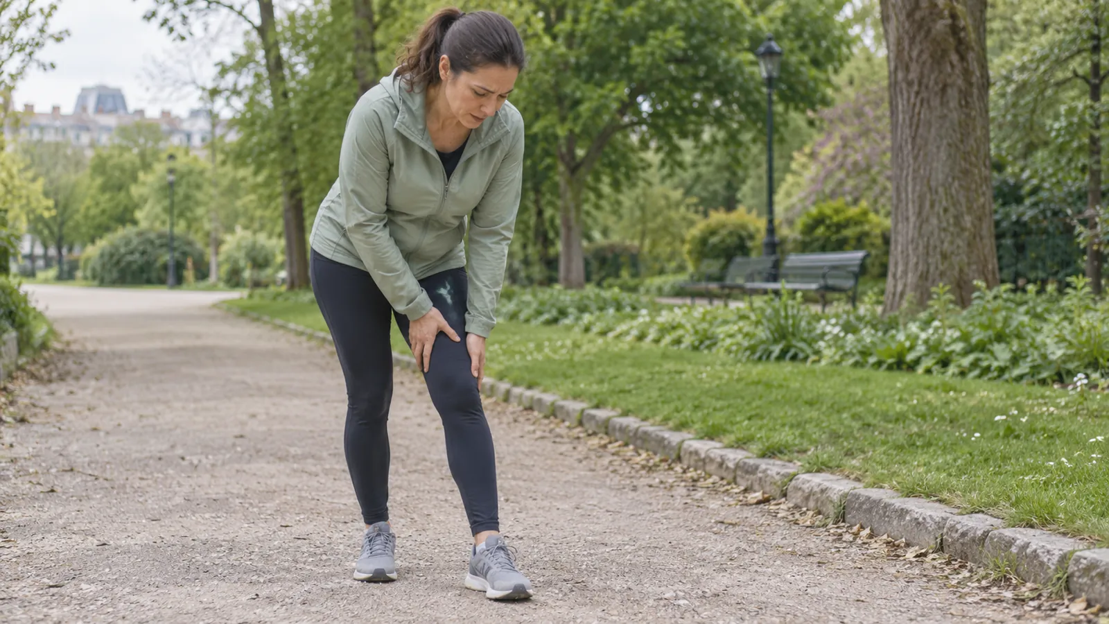 Una donna si tocca il lato interno del ginocchio dopo una camminata