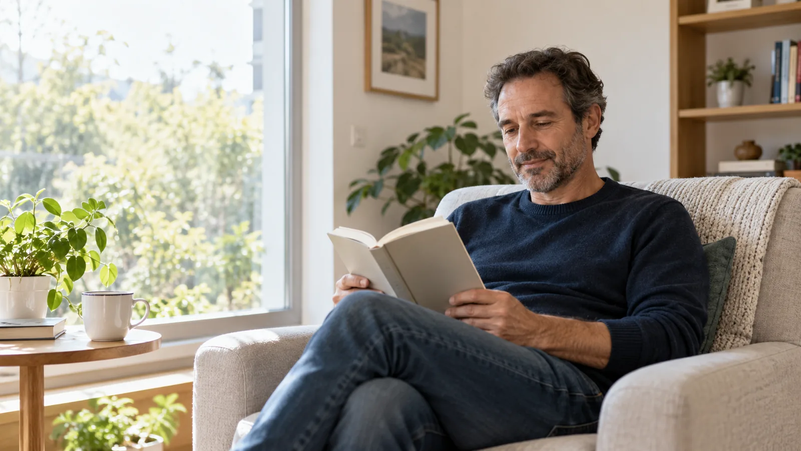 Hombre adulto lee tranquilamente sentado en un sillón junto a una ventana.
