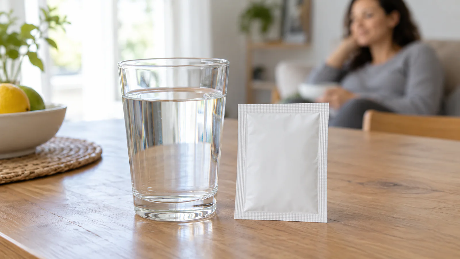 Vaso de líquido de rehidratación junto a un sobre blanco neutro, con una persona adulta descansando al fondo.