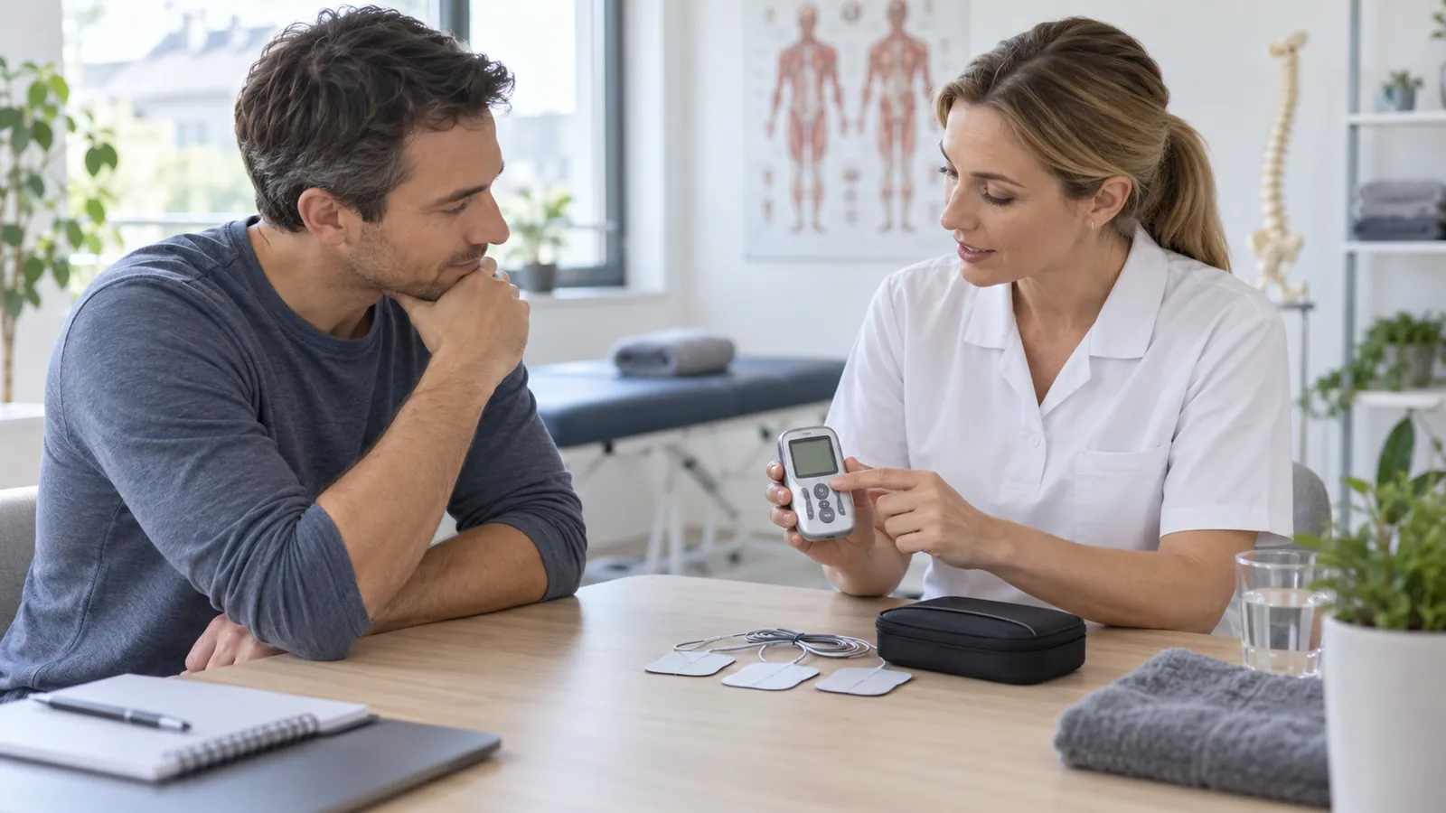 En vårdgivare visar en liten tens-apparat för en patient vid ett bord.