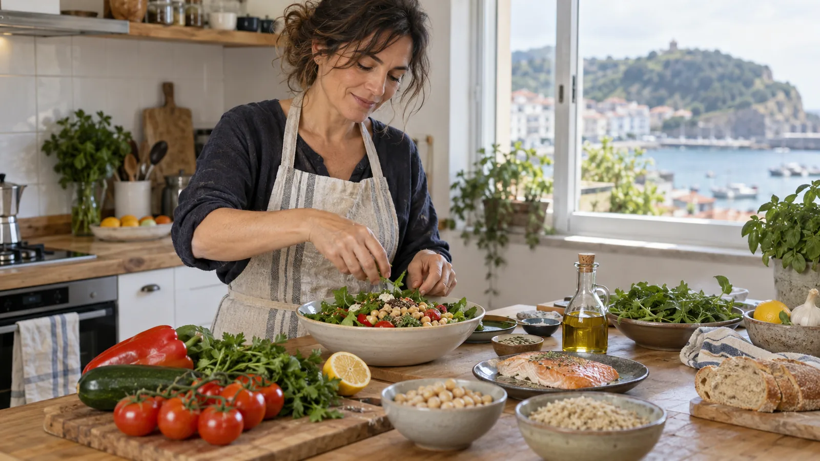 Una donna prepara un piatto equilibrato di verdure, legumi e pesce in una cucina soleggiata