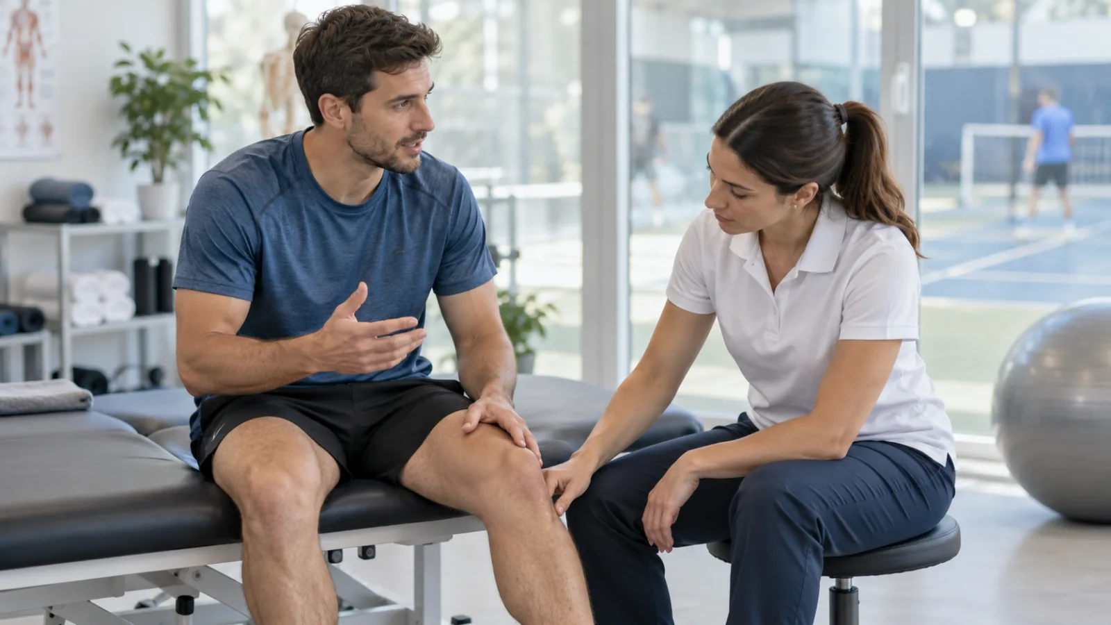 Deportista adulto conversa con una fisioterapeuta en una sala de rehabilitación.
