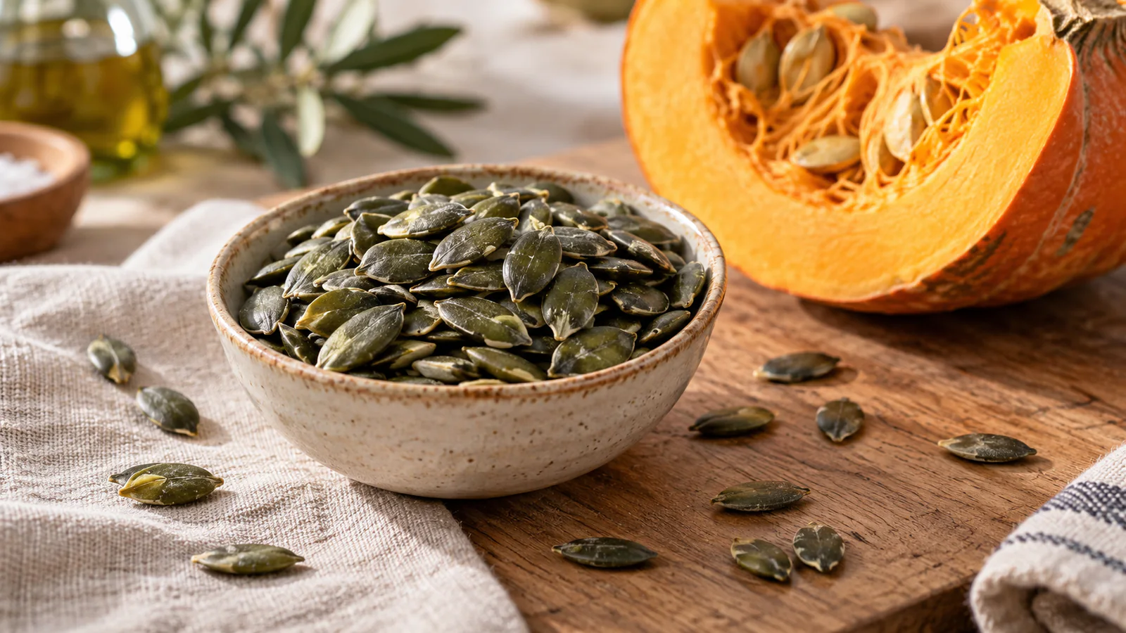 Semillas verdes de calabaza en un cuenco, con una calabaza abierta al fondo.