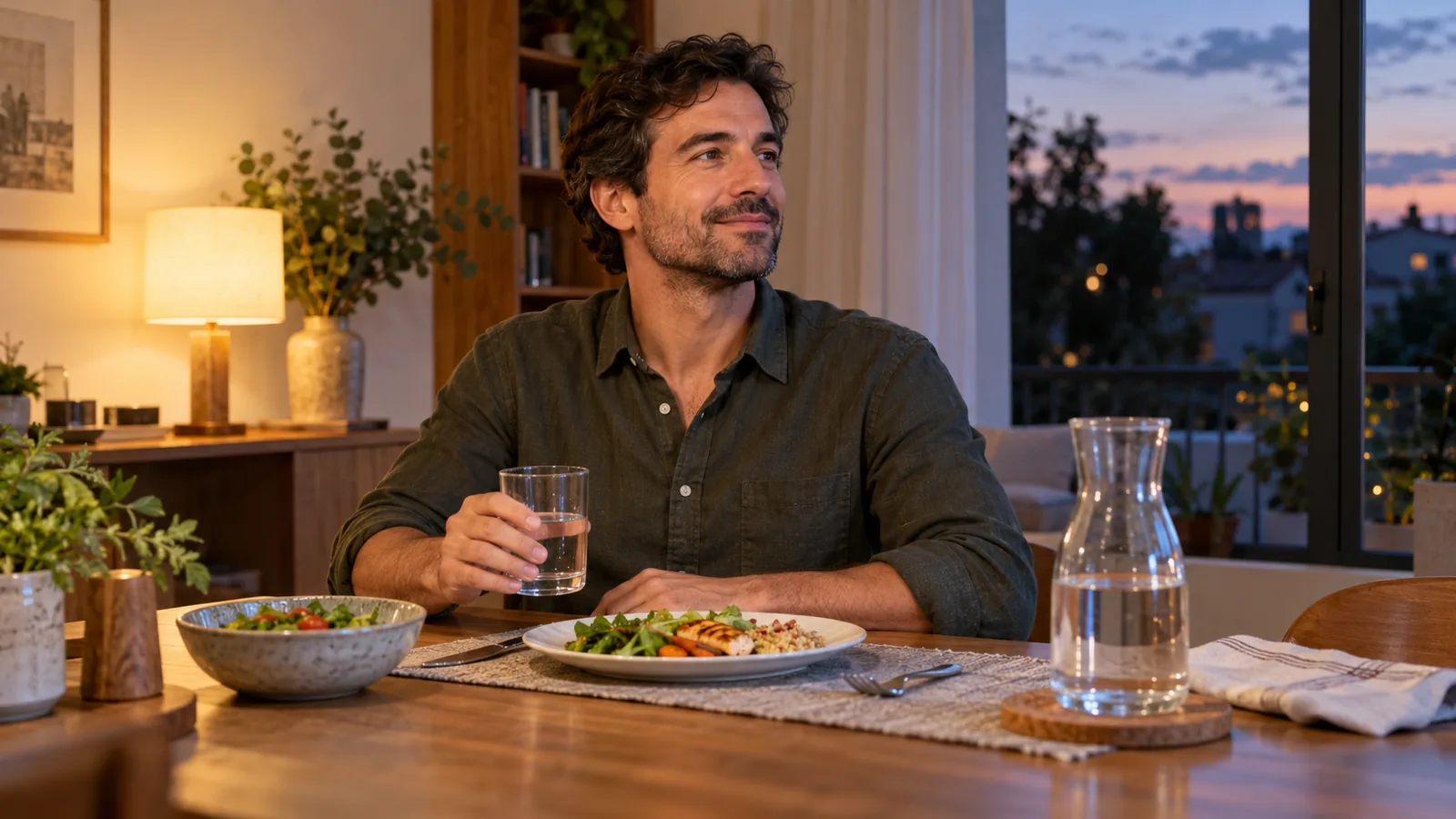 Un uomo resta seduto durante una cena semplice a casa