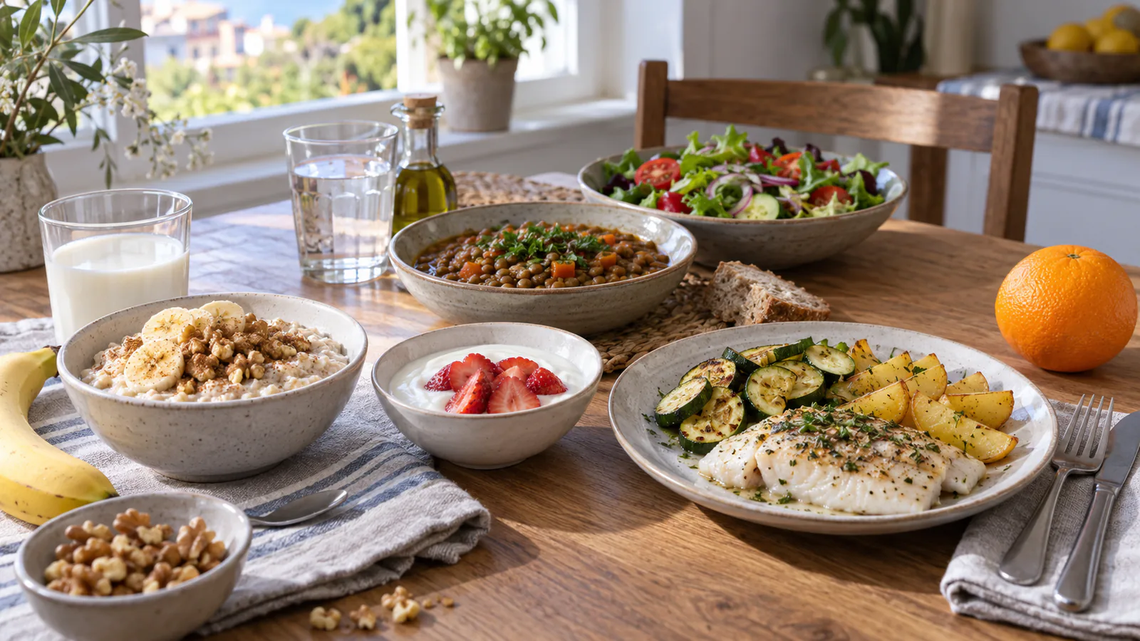 Aveia com banana e nozes, iogurte com morangos, lentilhas e peixe com verduras dispostos numa mesa