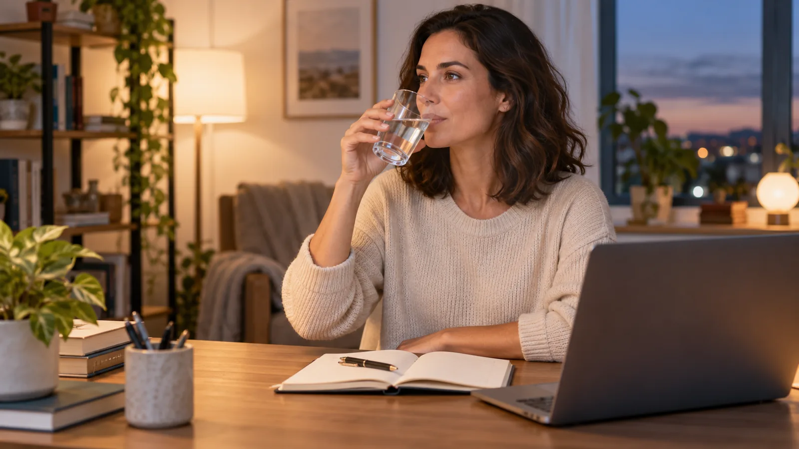 Una donna fa una pausa per bere acqua nel suo spazio di lavoro a casa