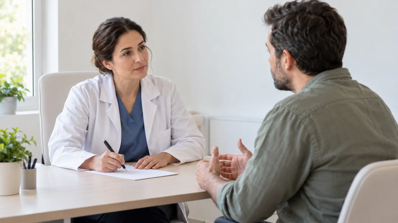 Uma médica escuta um paciente e toma notas na consulta