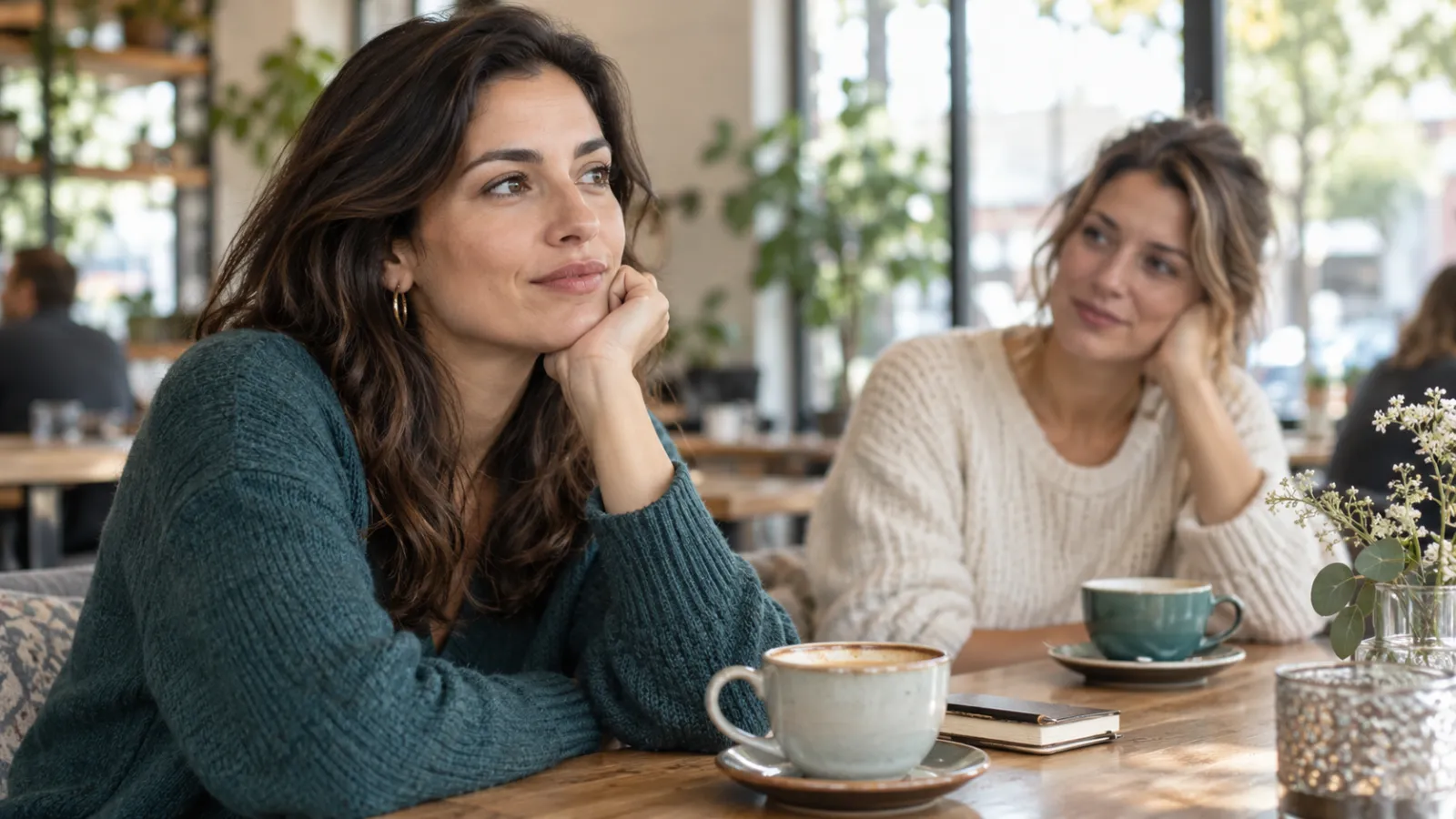 Persona adulta reflexiona mientras conversa con una amiga en una cafetería.