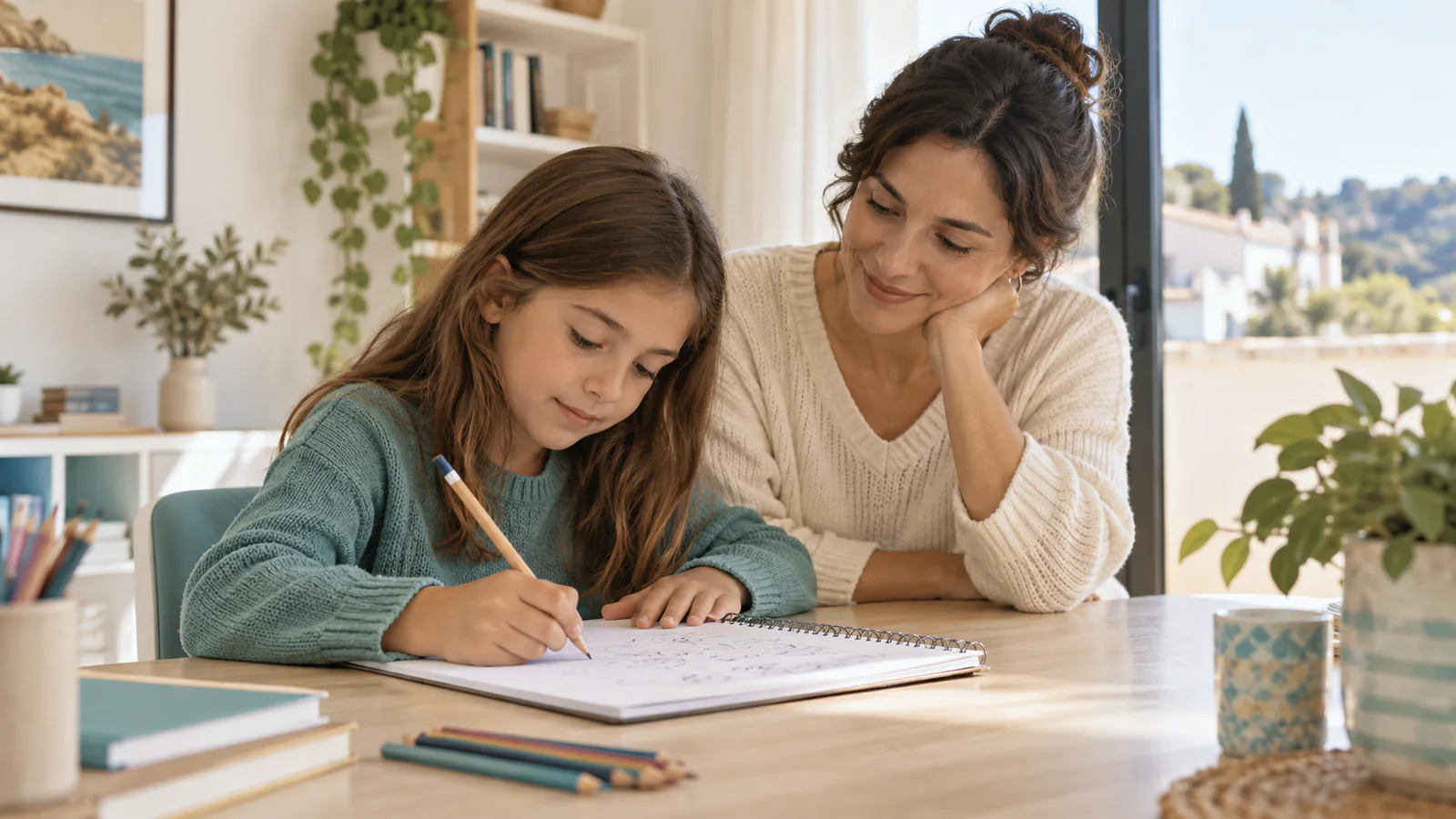 ノートに文字を書く女の子と見守る女性