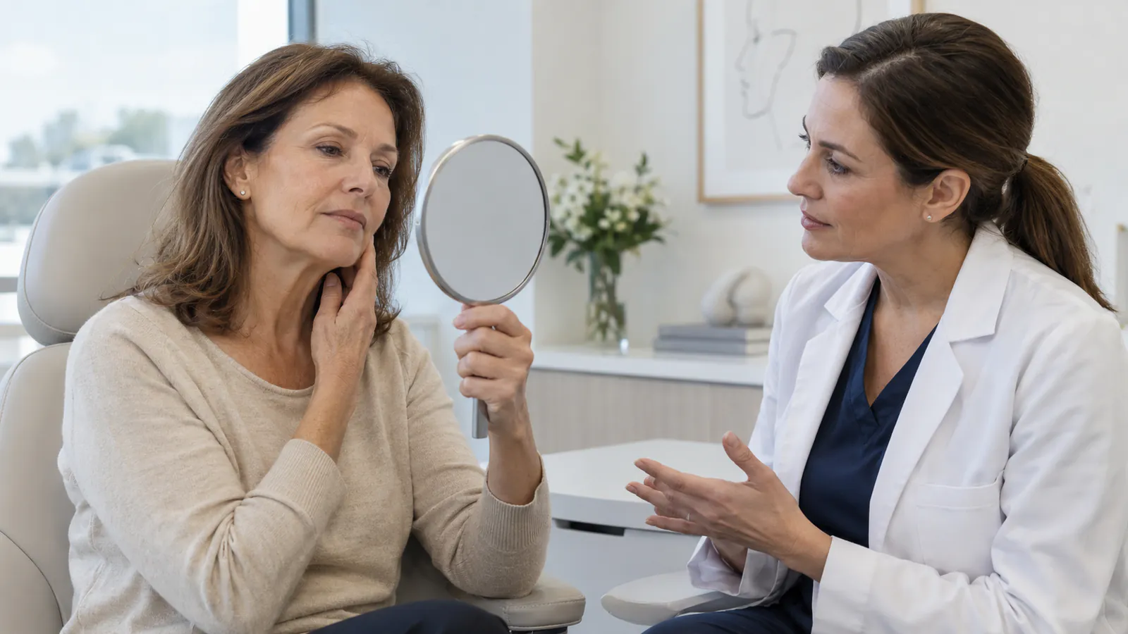 Paciente adulta observa su rostro en un espejo mientras conversa con una profesional sanitaria.