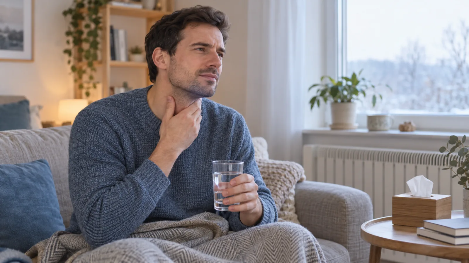 Un uomo sul divano si tocca la gola tenendo un bicchiere d’acqua, con fazzoletti sul tavolino